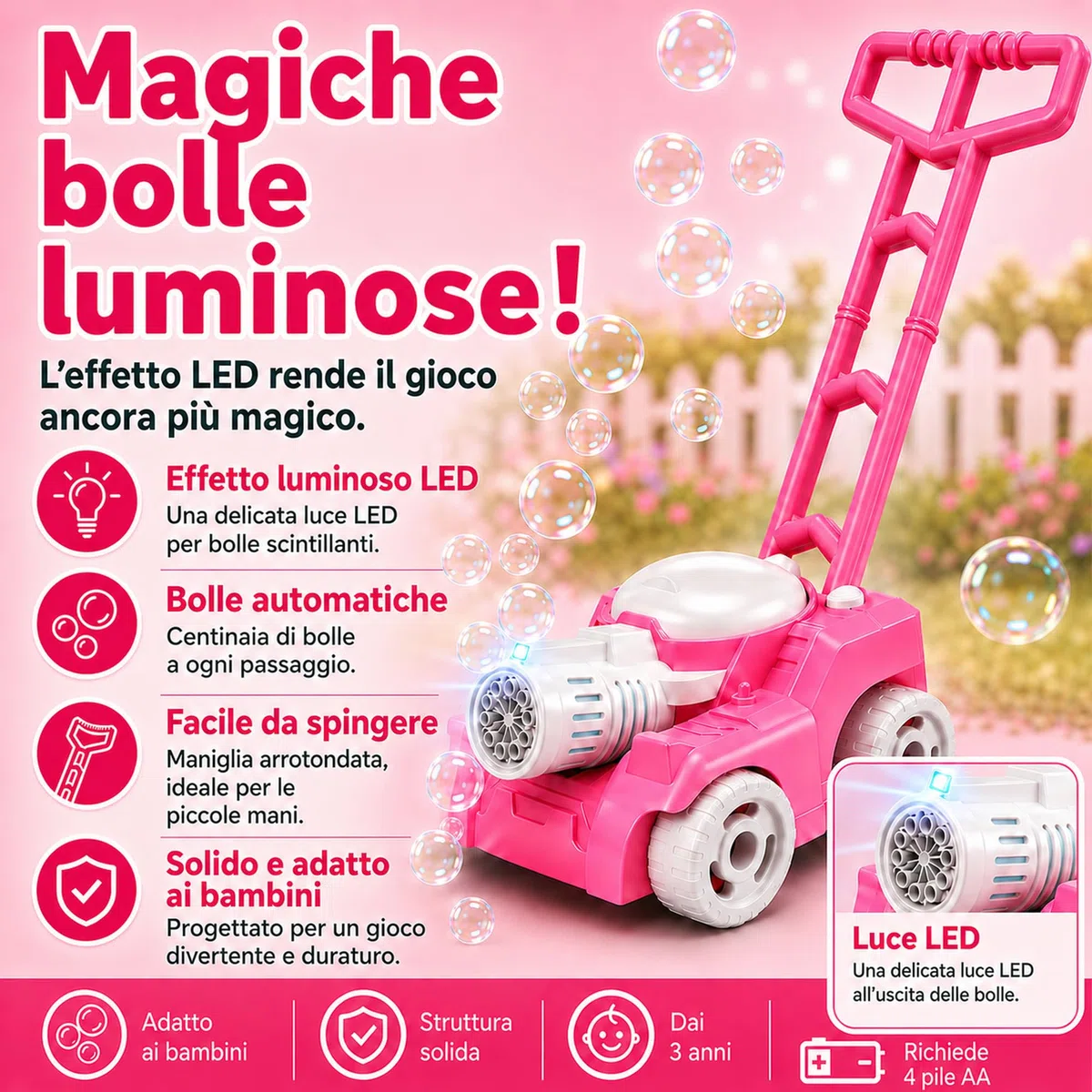 Tosaerba a Bolle per Bambini con Luce, Macchina per Bolle di Sapone da Esterno, con 4 Flaconi da 50 ml e 10 Bustine Concentrate, Giocattolo Rosa per Giardino, Cortile e Parco