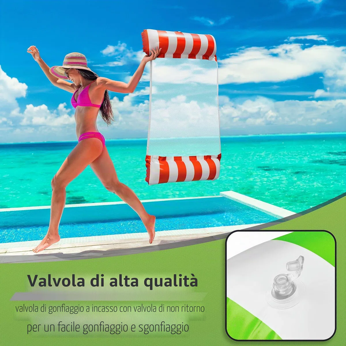 Balinco – Amaca gonfiabile ad acqua con 2 camere d'aria e rete in nylon per piscina – Materasso ad acqua per relax per adulti e bambini – Accessorio estivo per piscina (Verde/Bianco + Rosso/Bianco)
