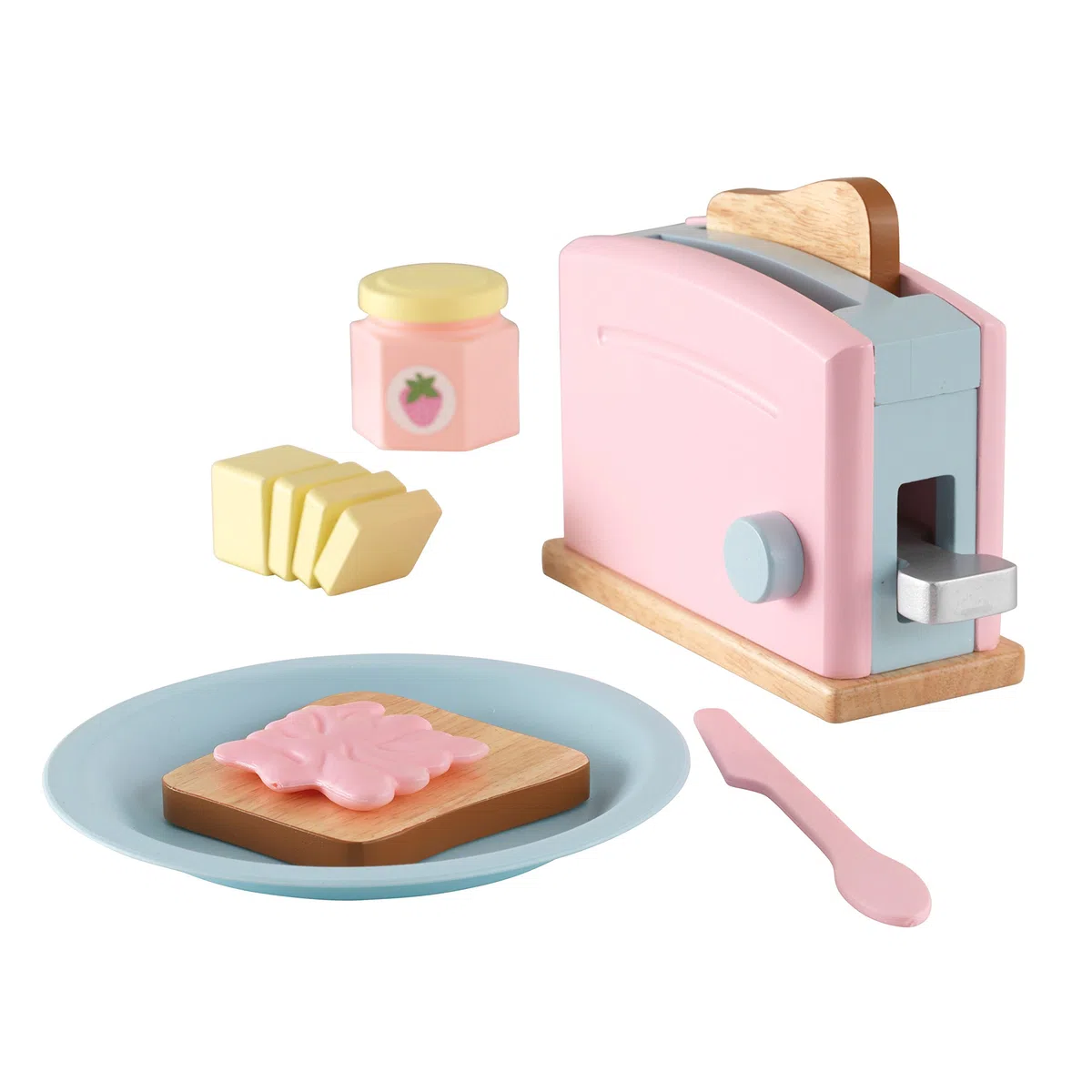 KidKraft Set Tostapane Giocattolo Pastello in Legno, Set Mini Elettrodomestici con Cibo Giocattolo per Cucina per Bambini, Accessori Cucina Bambini, 63374