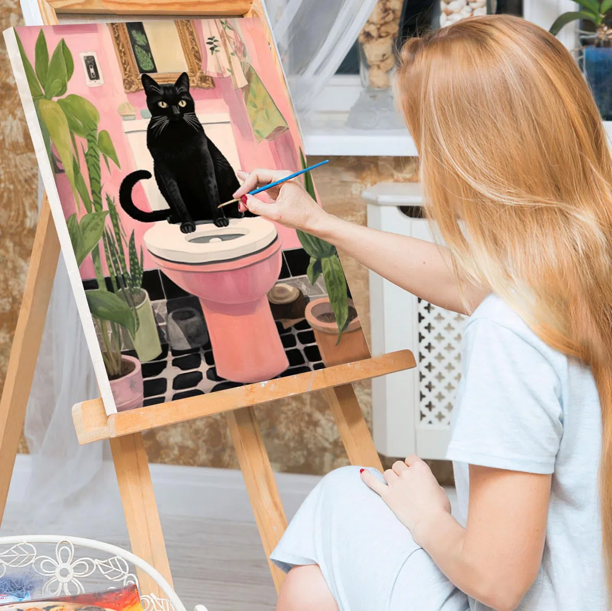 Lxmsja Gatto Nero Divertente Dipingere con i Numeri Adulti Con Cornice, Gatto Paint by Numbers Kit Animale Principianti Con 3 Penne, Hobby Creativi Adulti Idee Regalo Donna Decorazioni Casa, 20x30cm