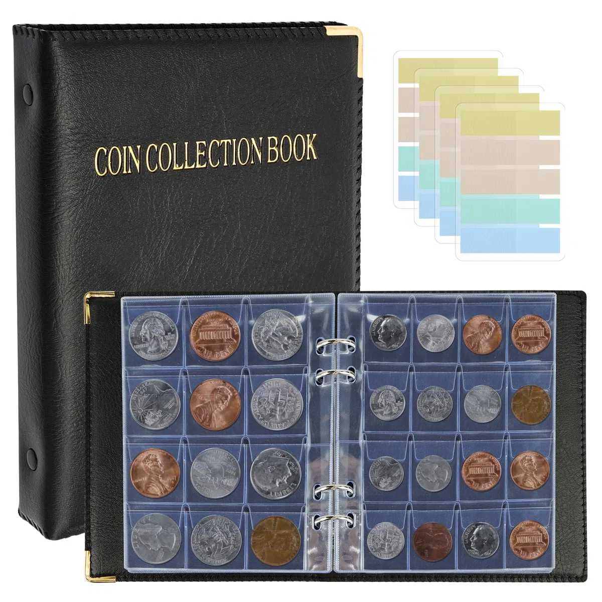 UMILKI 10 pagine/240 Tasche e 10 pagine/120 Tasche Album della Collezione di Monete, Due Misure 3x3cm e 4 * 4cm Album per Monete, Porta Monete da Collezione, Raccoglitore Monete con 400 Adesivi