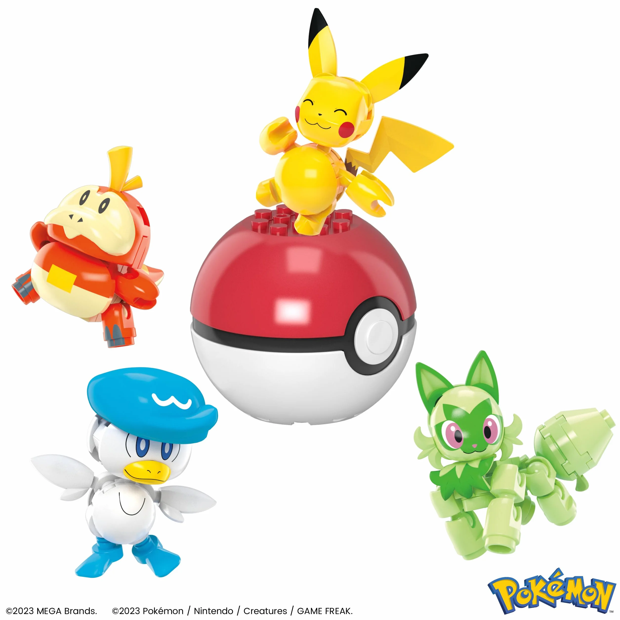 MEGA Pokémon - Team della Regione di Paldea, set con 4 personaggi e 1 Poké ball da costruire con 79 pezzi, include Pikachu, Fuecoco, Sprigatito e Quaxly, giocattolo per bambini, 6+ anni, HPX92