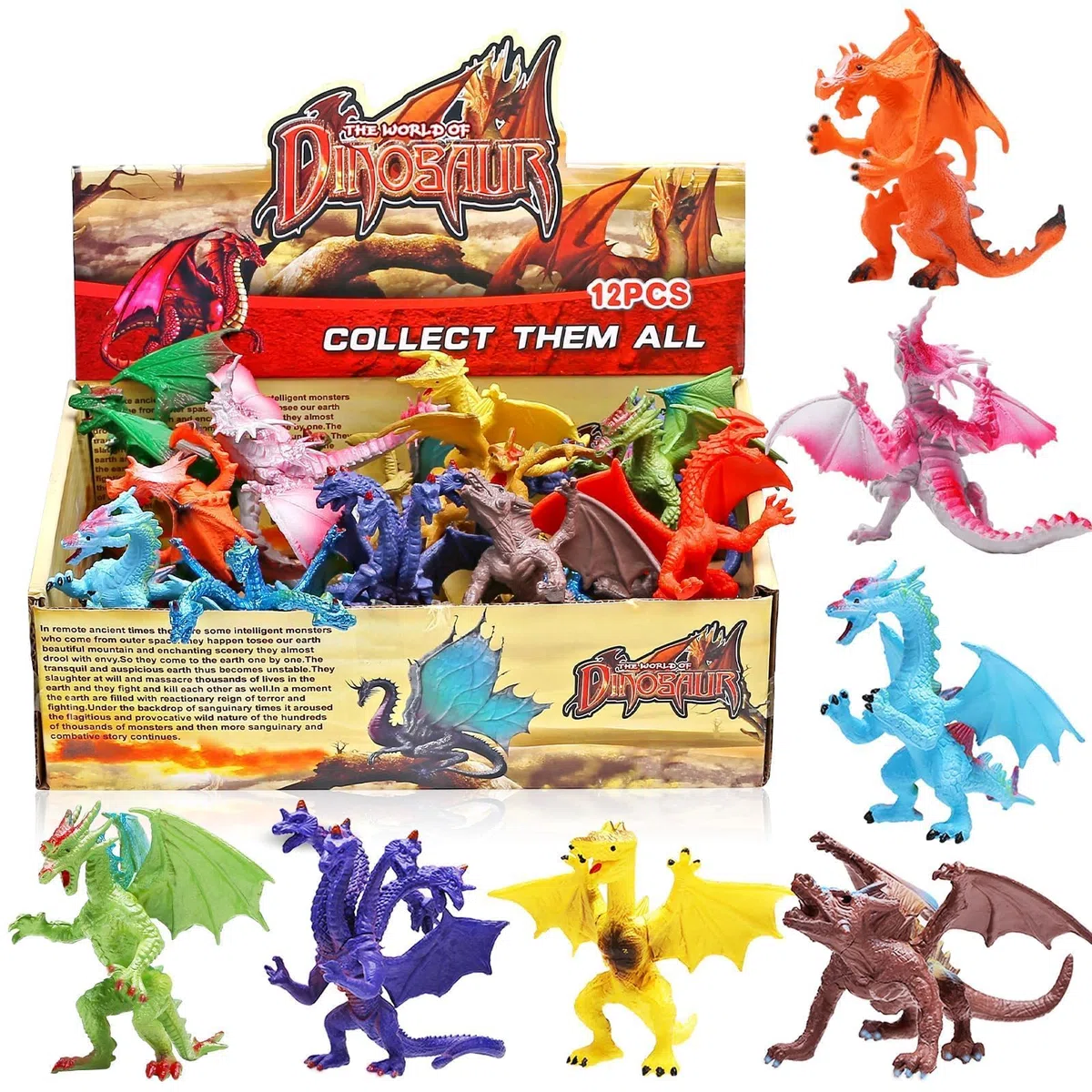 YeoNational&Toys Giocattoli Drago, 12 Pezzi Assortiti Figure Drago Realistiche, 4 Pollici Mini Drago Set con Scatola di Regalo