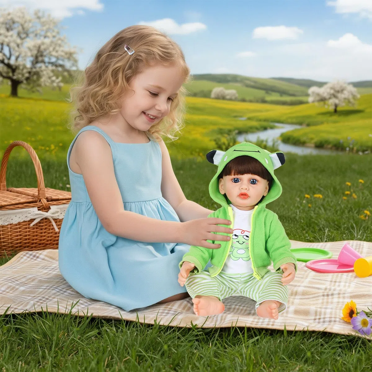 Vestiti per bambole da 50 a 55 cm, set per bambole da 20 a 22 pollici, 1 giacca con cappuccio verde, 1 top 1 paio di calzini 1 appendiabiti, graziose stampe di animali