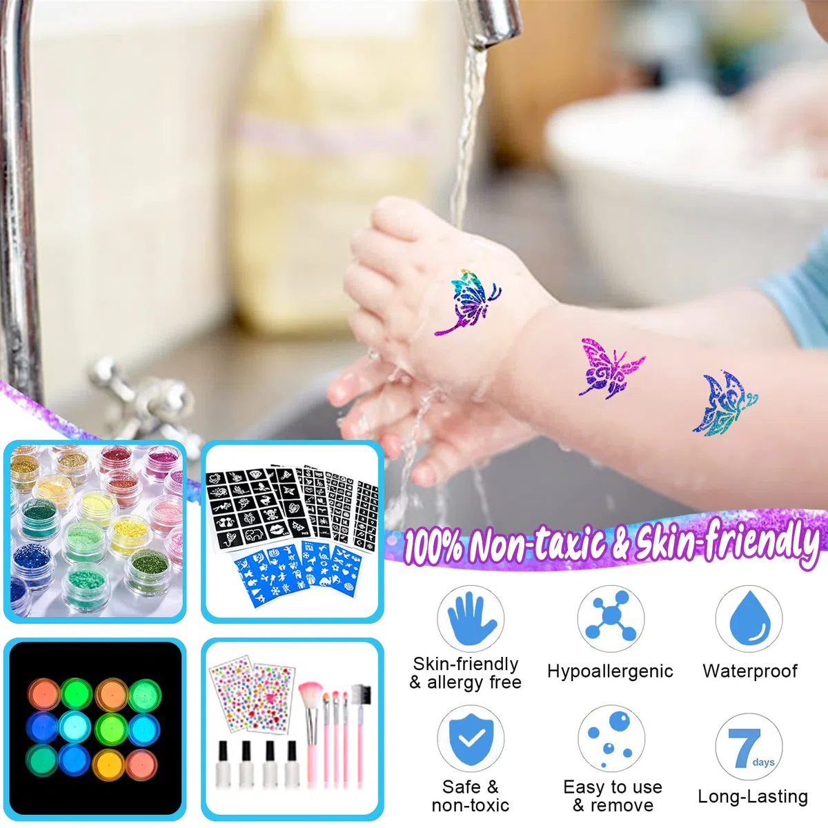 Set di tatuaggi glitterati per bambini, 42 colori (glitter, 12 fluorescenti, lucidi di notte), 219 stencil, 213 strass, 5 pennelli, 4 adesivi (fácil da lavare, non irrita la pelle)
