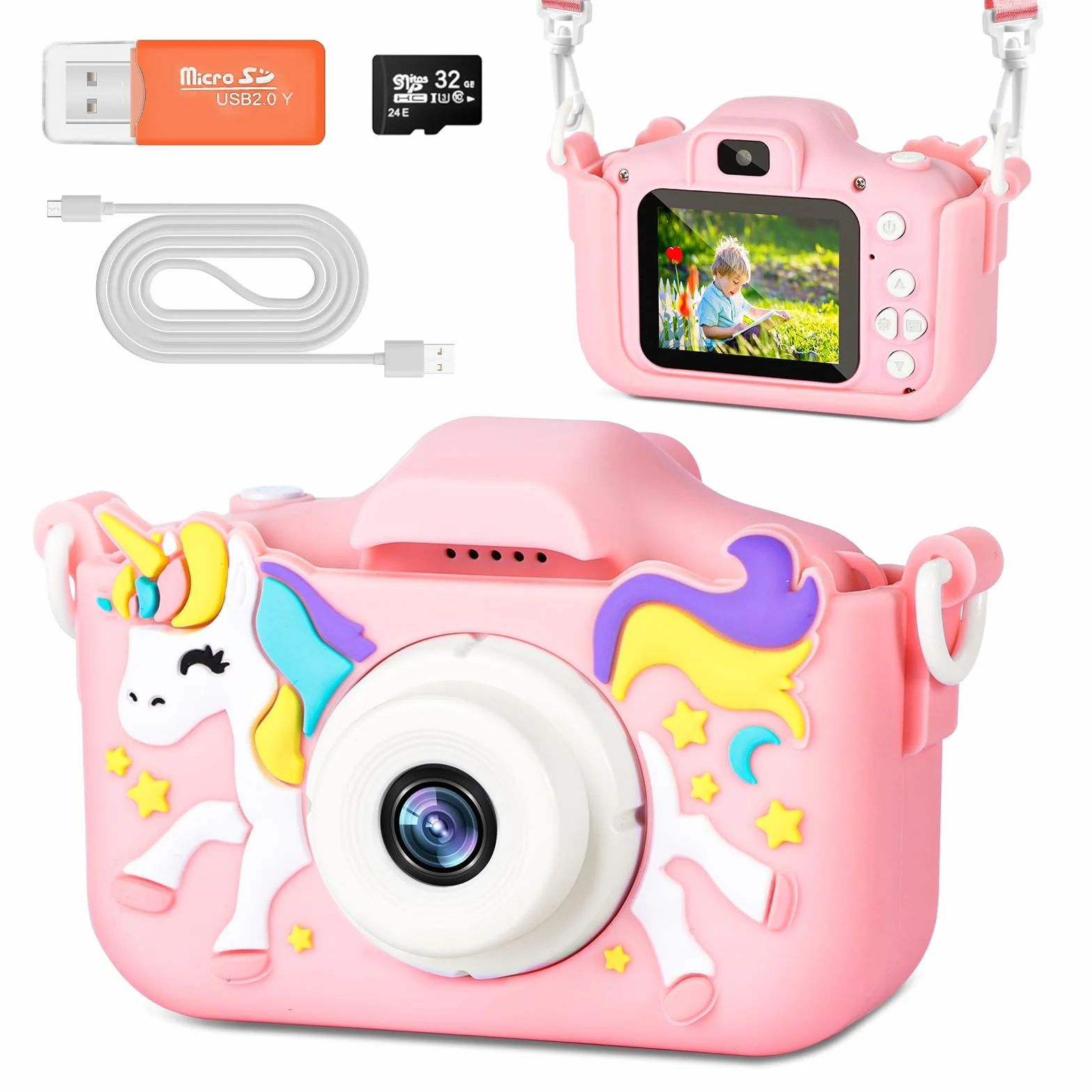 Macchina Fotografica Bambini, 2.0 Pollici Schermo Fotocamera Bambini, 1080P Ricaricabile Fotocamera Digitale con Scheda 32GB, Regali Giocattolo di Natale & Compleanno per Ragazze Ragazzi