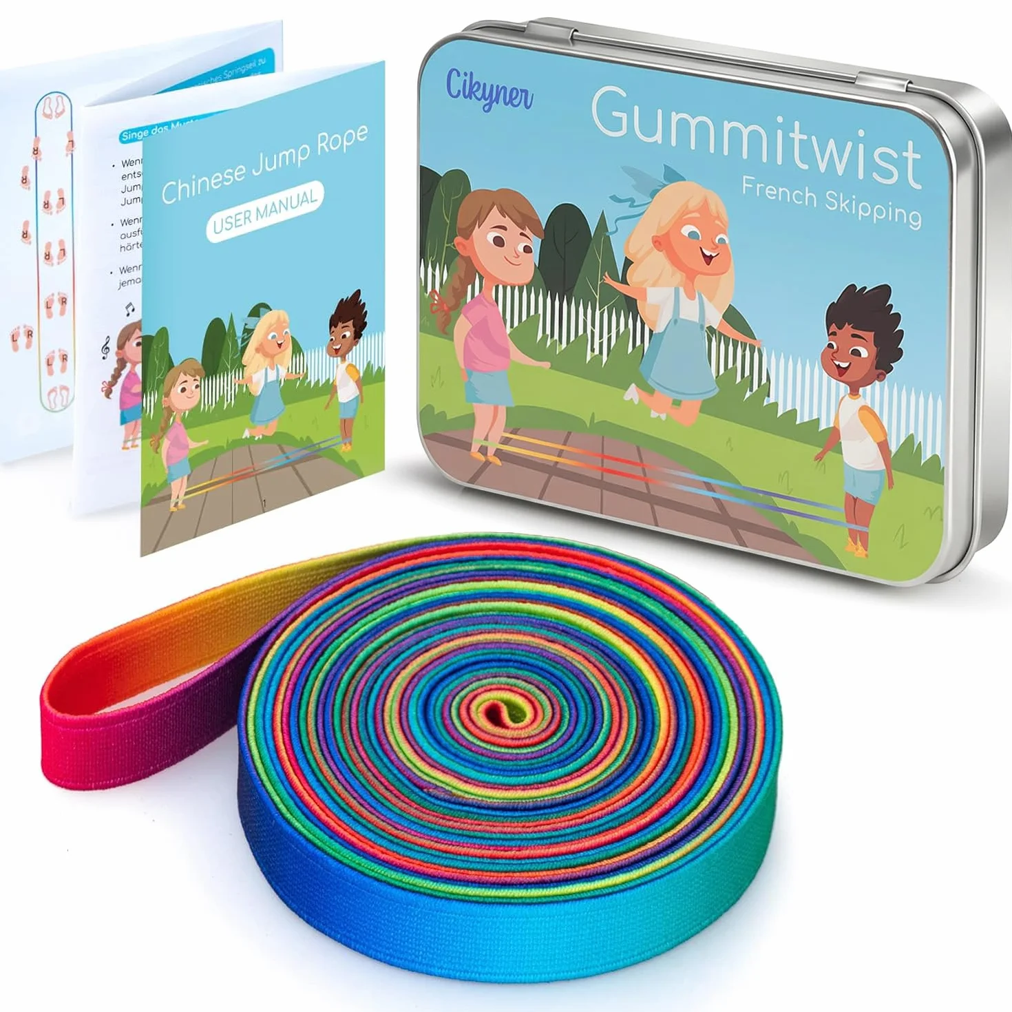 Cikyner Corda per Saltare Cinese, 4 m di Lunghezza 1,5 cm di larghezza Gomma elastica per bambini con Istruzioni per Salto Francese Arcobaleno per Bambini Indoor e Outdoor Giochi, Ideale per Regali