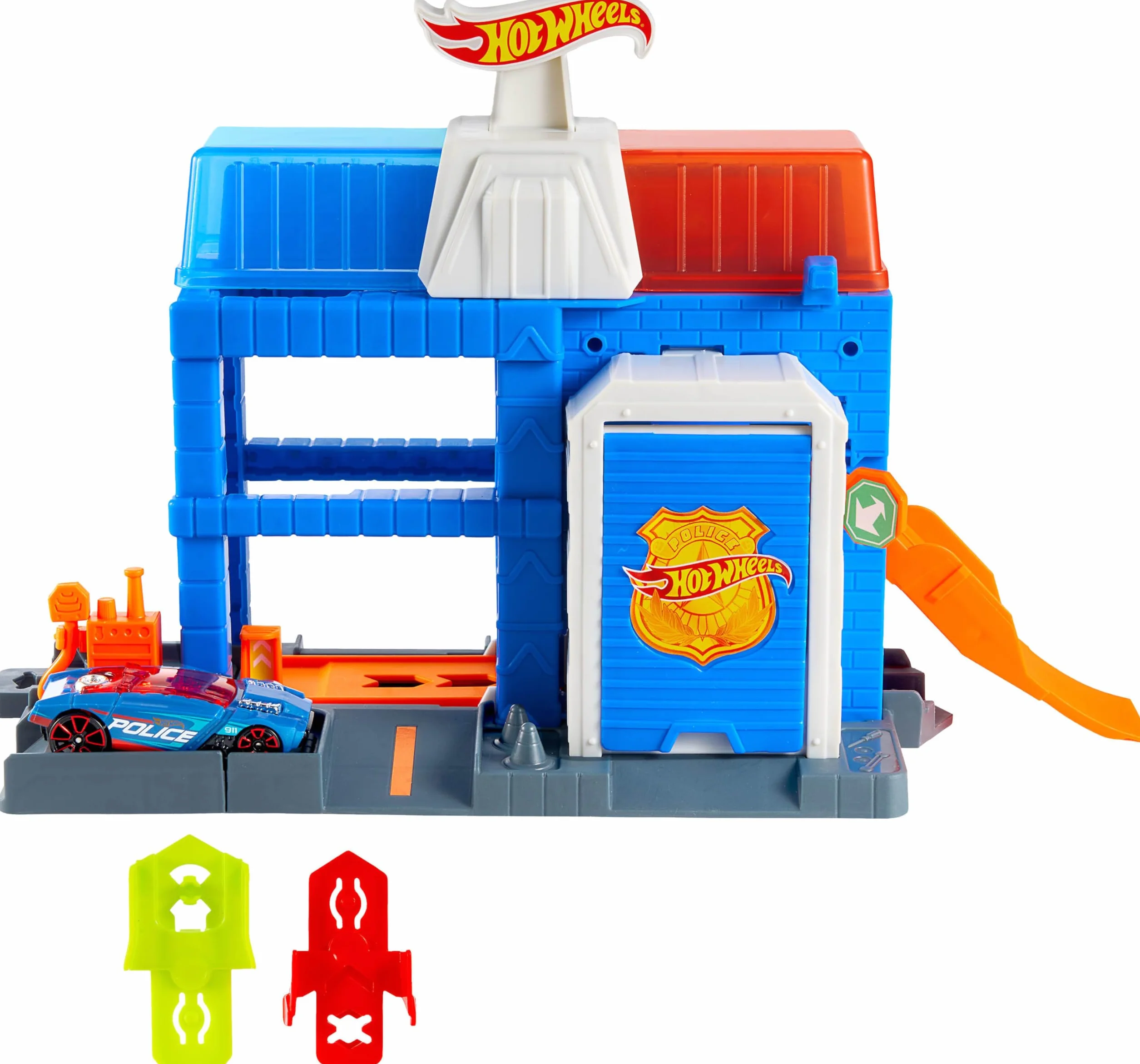 Hot Wheels - Torre di Polizia, set espandibile a tre piani con veicolo della polizia incluso, pista collegabile con sistema Speed Snap completa di rampe e deviatori, 3+ anni, JHL74