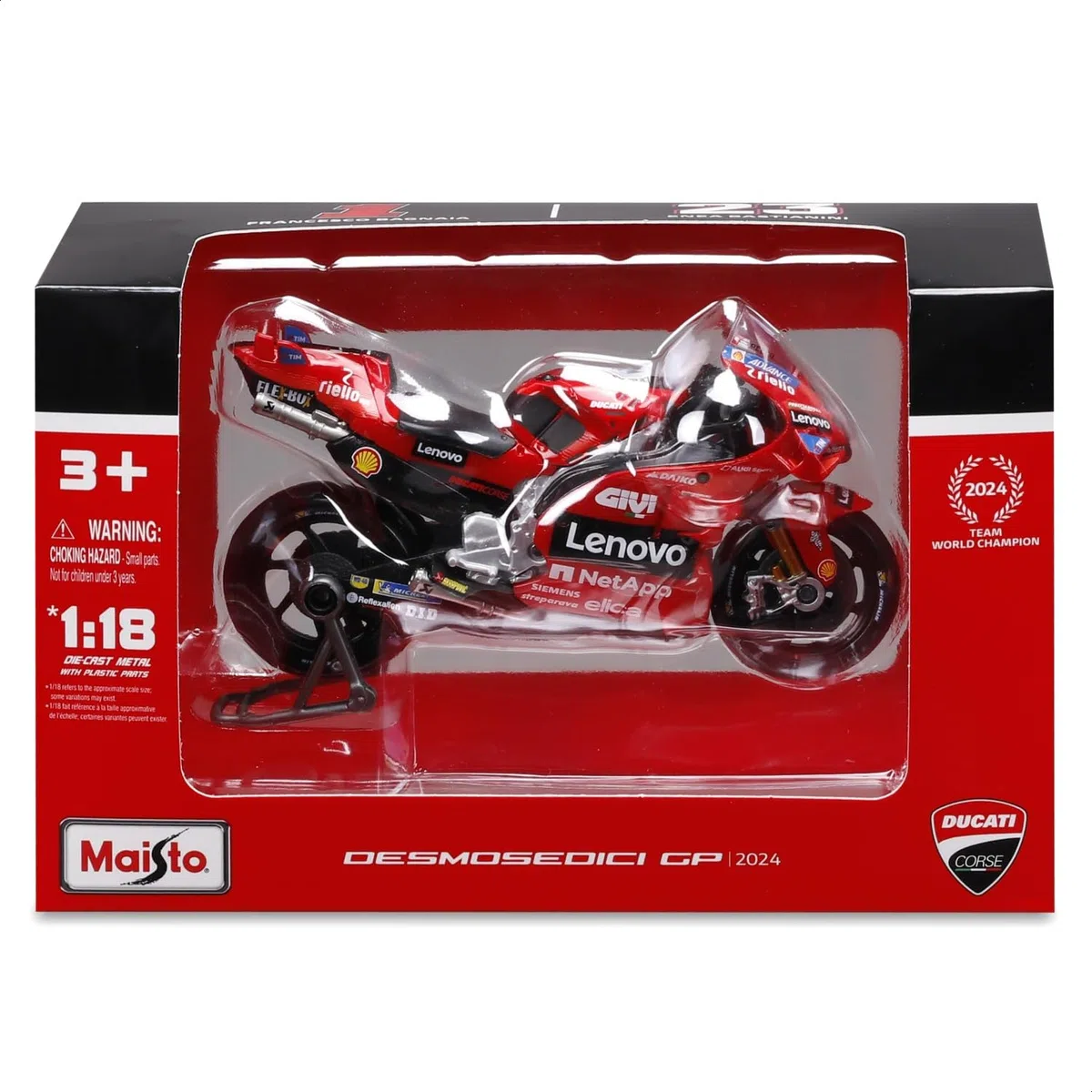 Maisto - Ducati Lenovo Team 2024 Bagnaia #1, Scala 1:18, Moto Diecast da Collezione con Dettagli Realistici, Licenza Ufficiale Ducati, Replica MotoGP Francesco Bagnaia, Età Consigliata 3+ Anni