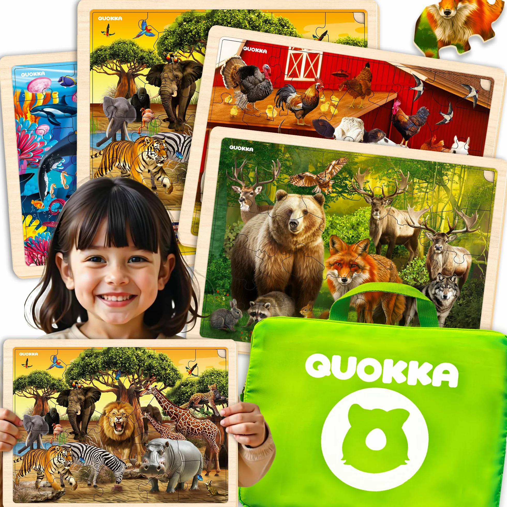 QUOKKA Puzzle Legno Bambini 3 4 5 Anni – 4x48 Pezzi Puzzle Animali Montessori – Gioco Educativo in Legno con Animali Realistici – Regalo per Bambini e Bambine 6 7 8 Anni