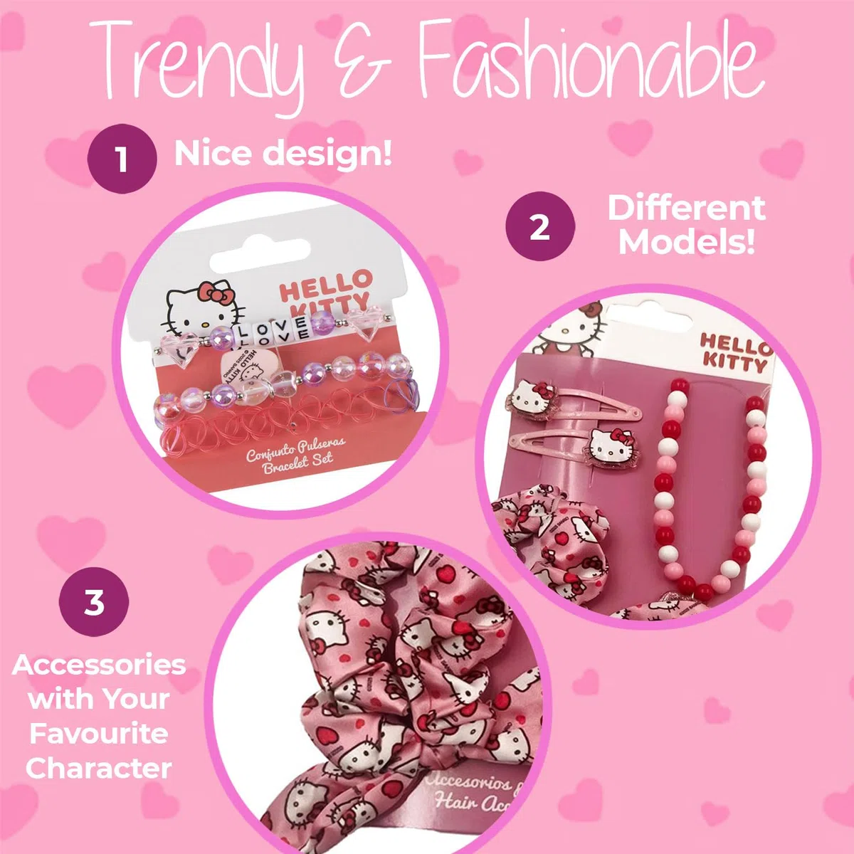 Hello Kitty - Set di gioielli e accessori per capelli da ragazza, 2 bracciali, collane con perle, tiranti e pinze, set moda per bambini, idea regalo per ragazza Hello Kitty