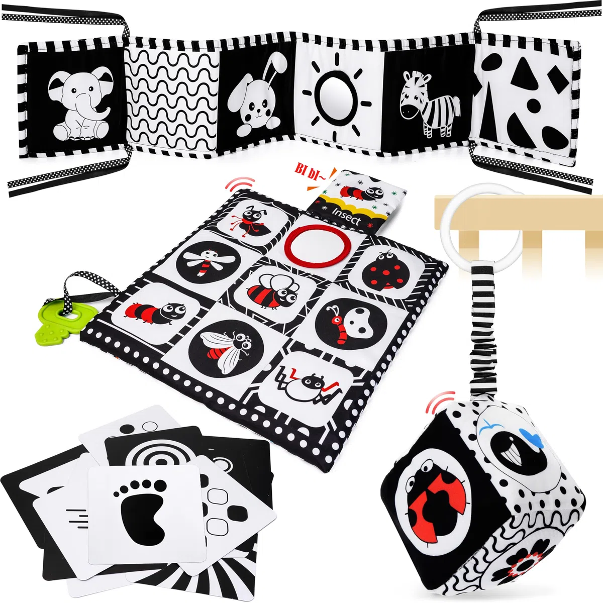 HappyKidsClub Giocattolo Libro Montessori Bambino Risveglio 0-12 Mesi Carta Nero e Bianco Sonaglio Bebe Regalo Nascita