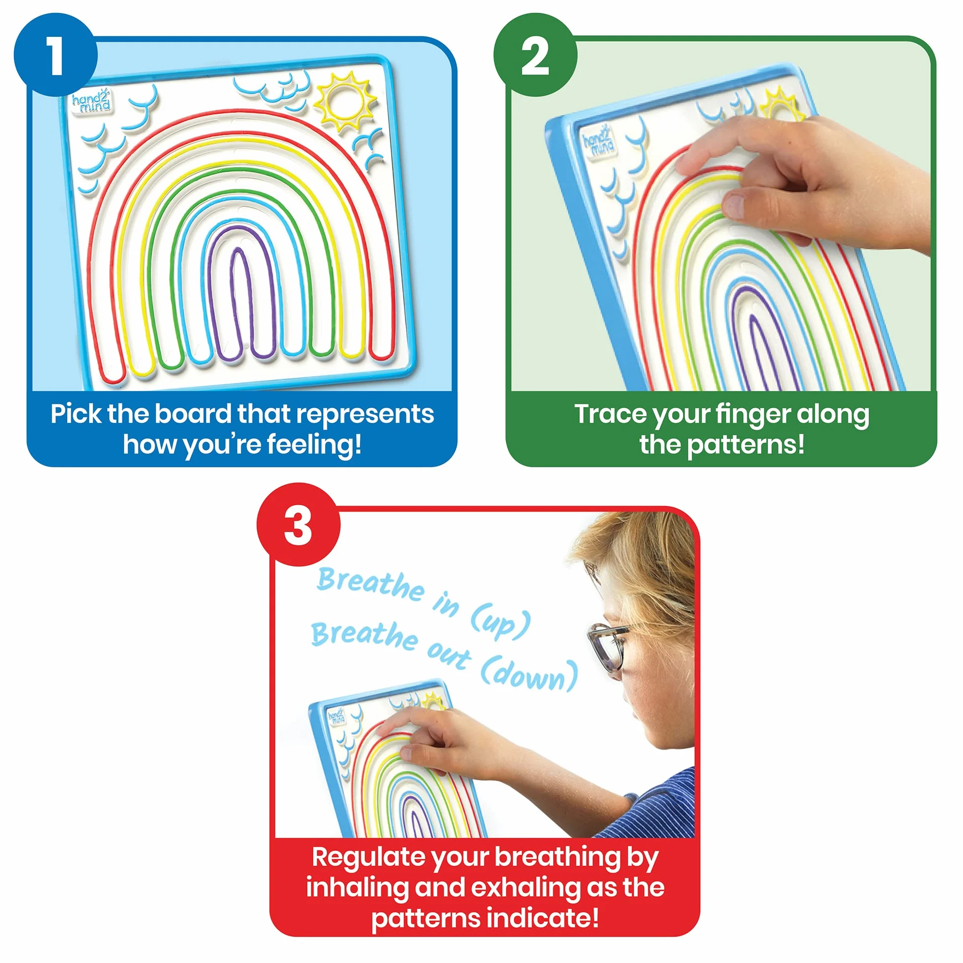 Learning Resources Set da 3 Labirinti della consapevolezza , Tavolette per la respirazione double-face da seguire con le dita, Mindfulness per bambini, Giocattolo di apprendimento socio-emotivo
