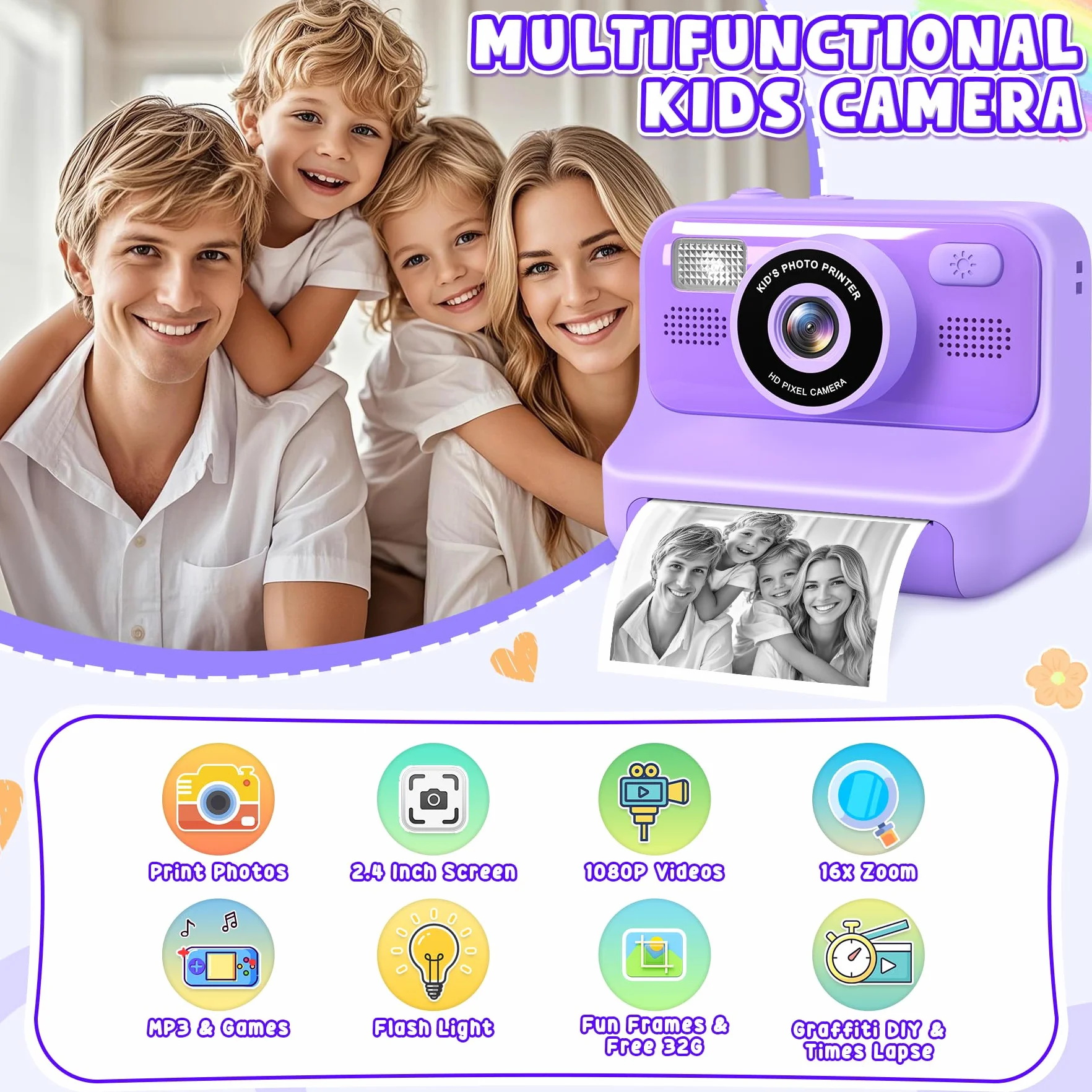 Subtail Fotocamera istantanea per bambini, 1080P, fotocamera istantanea per bambini, fotocamera digitale per selfie con 32 GB, giocattolo di compleanno a partire da 3-12 anni(Viola)