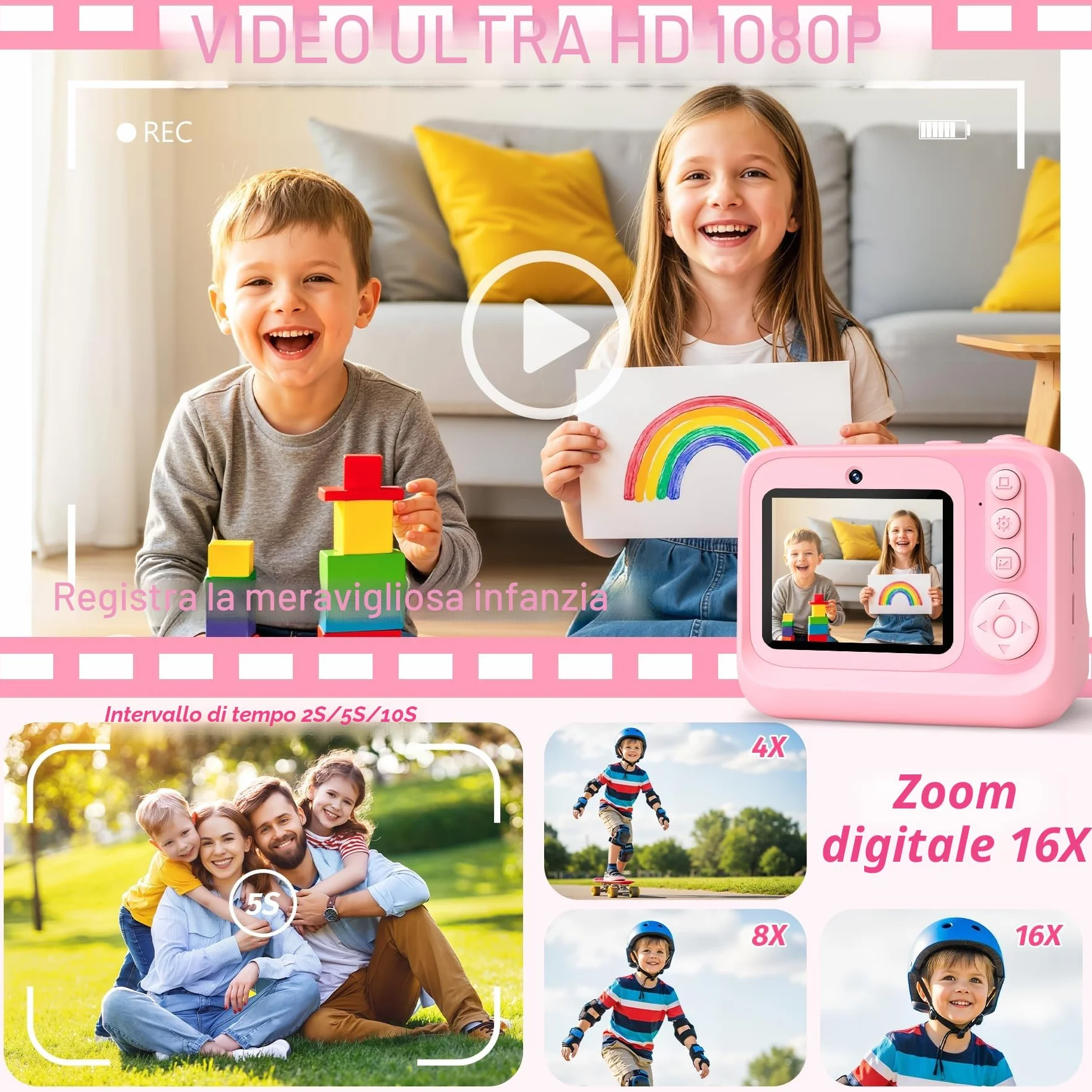 Macchina Fotografica Bambini, 2.4" HD Selfie Fotocamera Bambini con Scheda da 32 GB e 3 Rotoli di Carta da Stampa, Giochi Regalo Natale bambini bambino Nero digitale(Rosa)