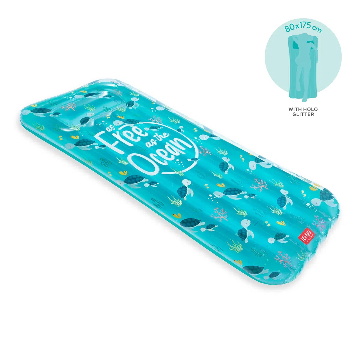 Legami - Materassino gonfiabile, con Glitter, 2 Camere d'aria, Include toppa, 80x175 cm, Tema Sea turtle
