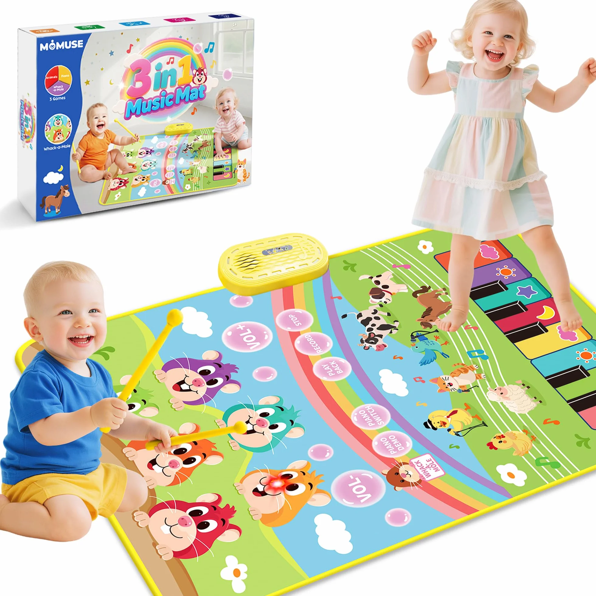 MOMUSE Tappeto Musicale con Gioco Colpisci la Talpa, Tappeto Pianoforte 3 in 1 per Bambini 1 2 3 Anni, Giocattoli Sensoriali Montessori per l'Apprendimento Precoce, Regali di Compleanno per 3 4 5 Anni