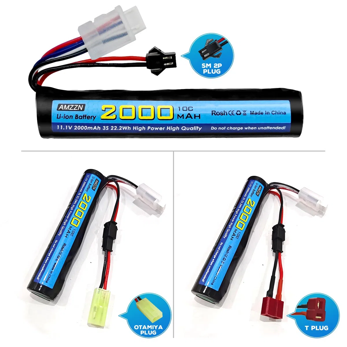 11.1V 10C 2000mAh batteria agli ioni di litio con SM-2P, T, cavo di conversione della spina Odamiya e Caricatore USB è adatto per il blaster di gocce d'acqua del gel della pistola ad aria