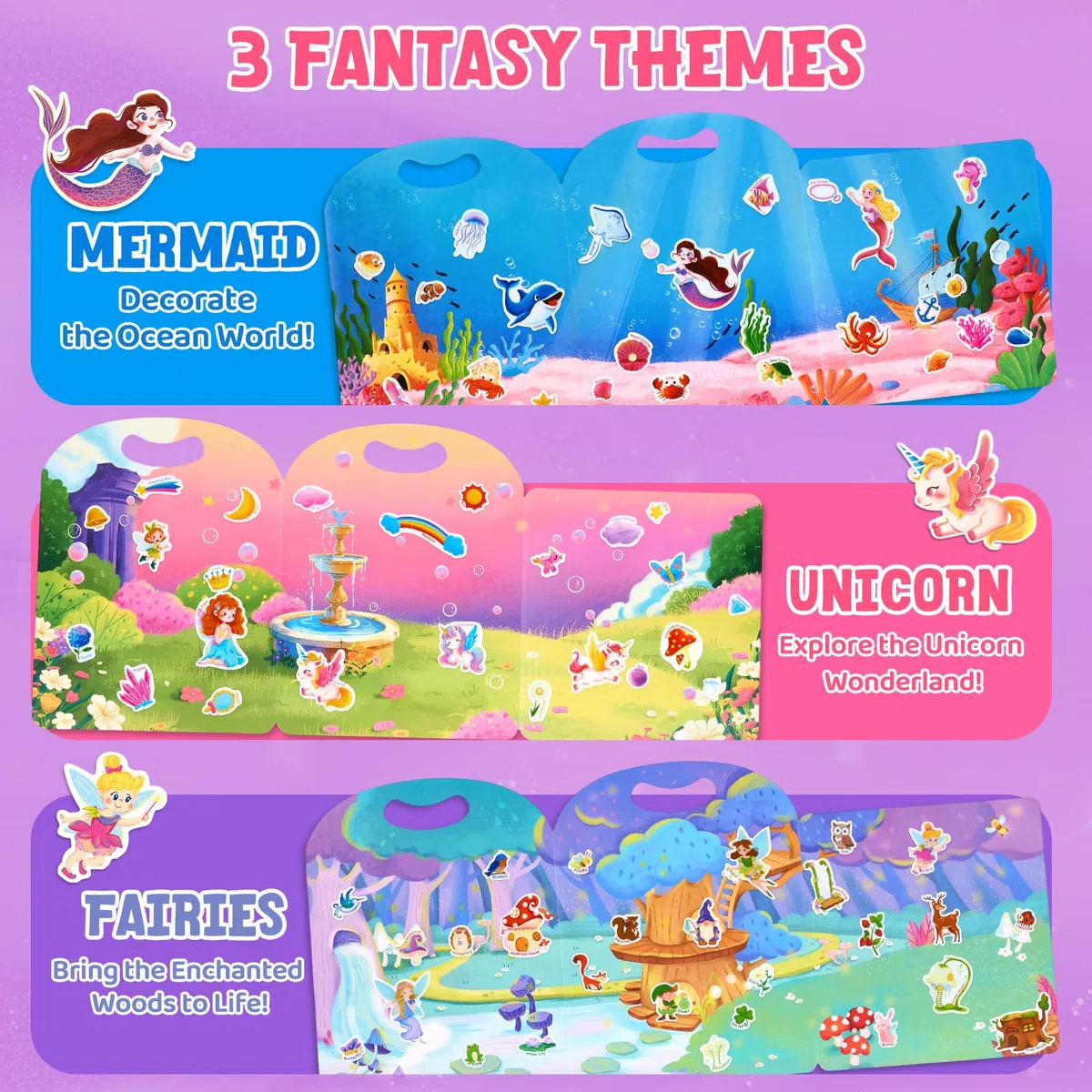 JoyCat 3 Libro Adesivi Attacca e Stacca Bambini: Unicorno, Fate, Sirena, 90 Stickers Bambini 3 4 5 6 Anni, Libri Attività con Adesivi Riutilizzabili, Giocattoli da Viaggio, Regalo Educativo Compleanno
