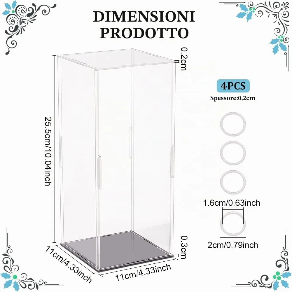 FINGERINSPIRE - Espositore in acrilico trasparente 11x11x25.5cm, rettangolare, autoassemblaggio, con base nera opaca, antipolvere, vetrina protettiva per action figure e collezionabili