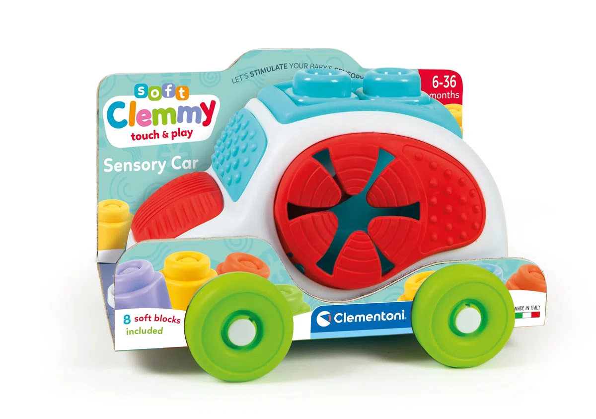 Clementoni Soft Clemmy - Touch, Move And Play Sensory Car, Bambini 6-36 Mesi, Macchinina Raccoglitore 8 Mattoncini, Gioco Prima Infanzia, Sviluppa Manualità e Percezione Tattile, Made in Italy, 17315
