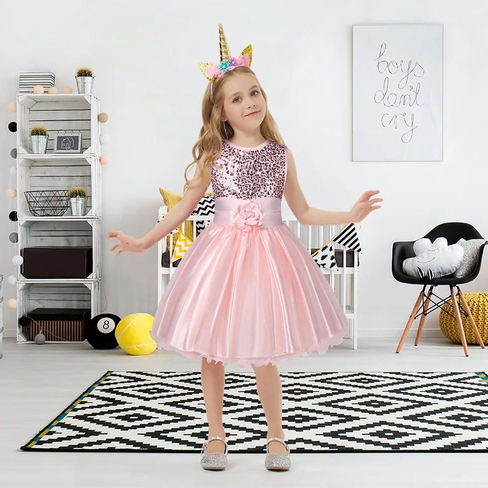 Aomig Vestito Principessa Bambina - Costume Con Fiori e Paillettes per Festa, Matrimonio - Abito da Ballo in Tulle-110