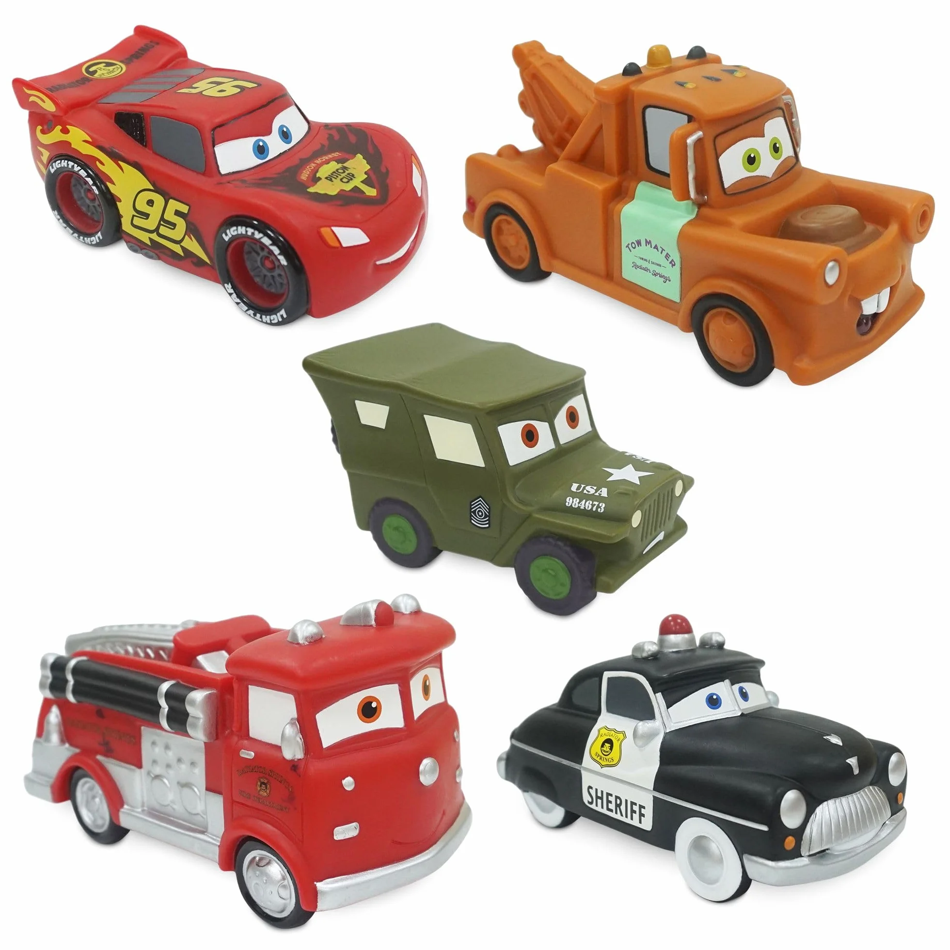 Disney Store Set di Giochi Ufficiale di Disney Pixar Cars per il Bagnetto, 5 Pezzi, con Saetta McQueen, Cricchetto, Red, Sceriffo e Sergente, Plastica, per Bimbi dai 6 Mesi in Su