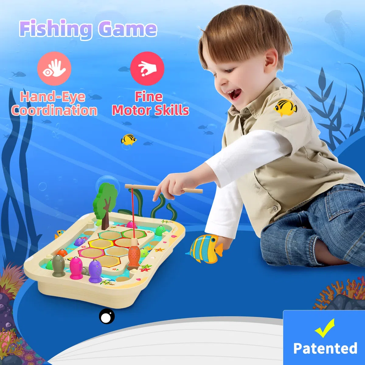Uping Giochi Montessori Bambini di Pesca Magnetico in Legno, 2 in 1 Puzzle Educativo con 2 Canne da Pesca e Pinzetta per 3-5 Anni