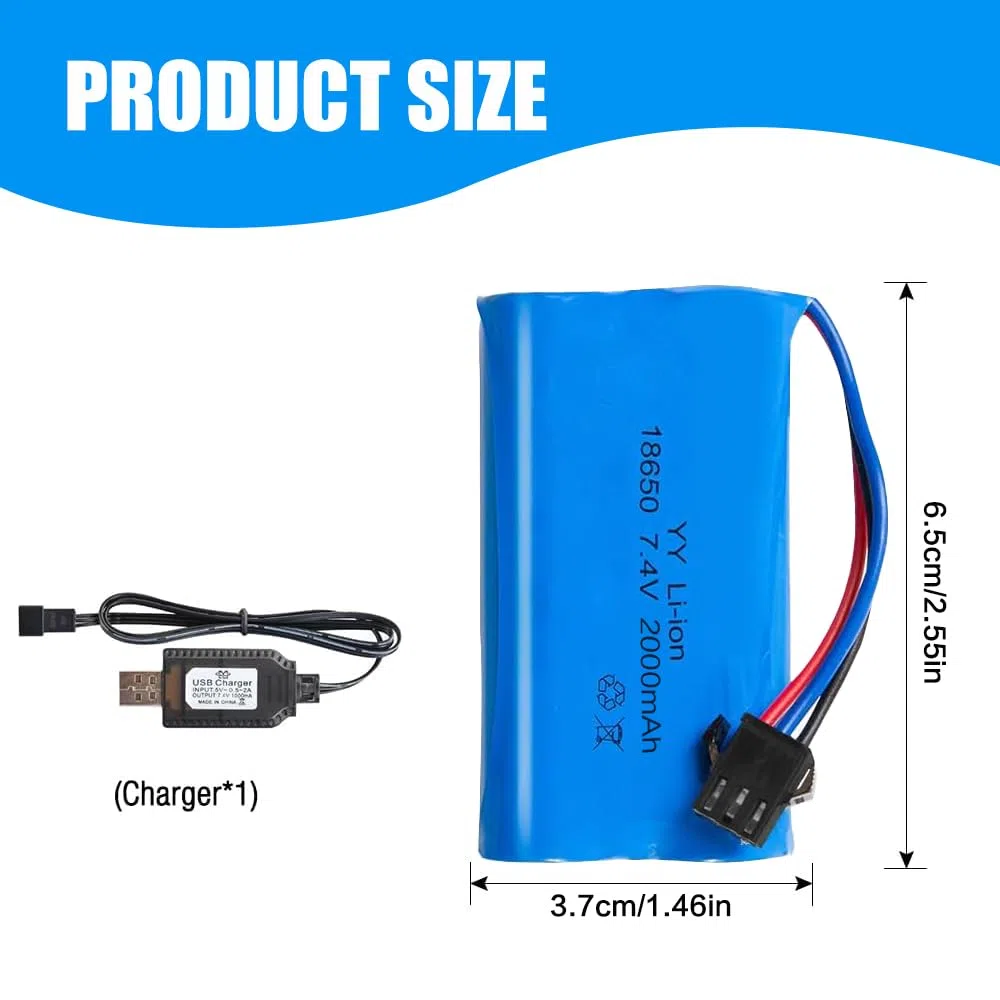 2 Pezzi 2000mAh 7.4V Batteria RC, Batterie Ricaricabili 7.4V con cavo di ricarica UBS connettore SM-3P, Batteria Li-Ion universale compatibile per veicoli RC, barche, carri armati, auto