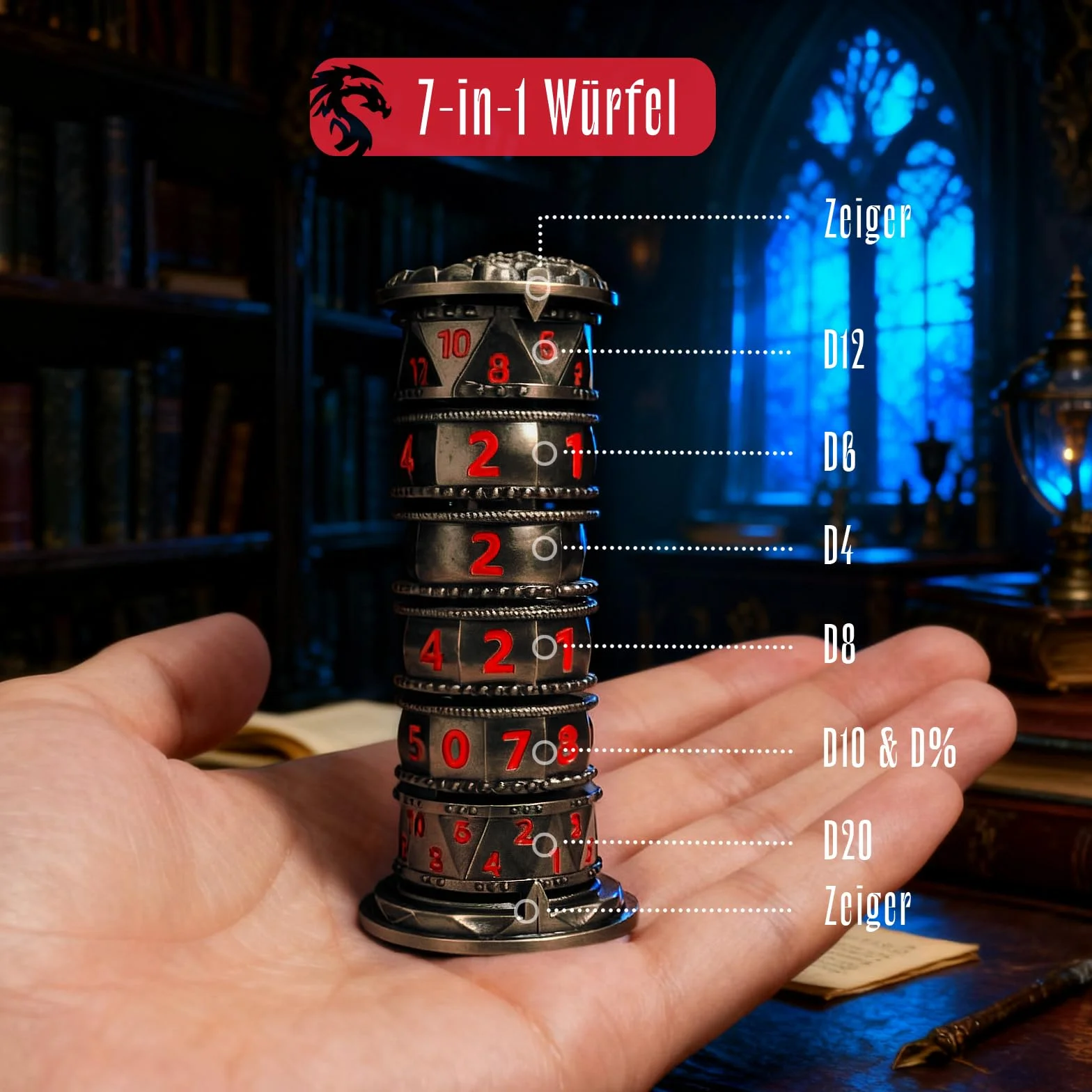 DND - Set Di Dadi Girevoli In Metallo Poliedrici Con Punta Delle Dita, Per Giochi di Ruolo Da Tavolo Come Dungeons and Dragons (Rosso)
