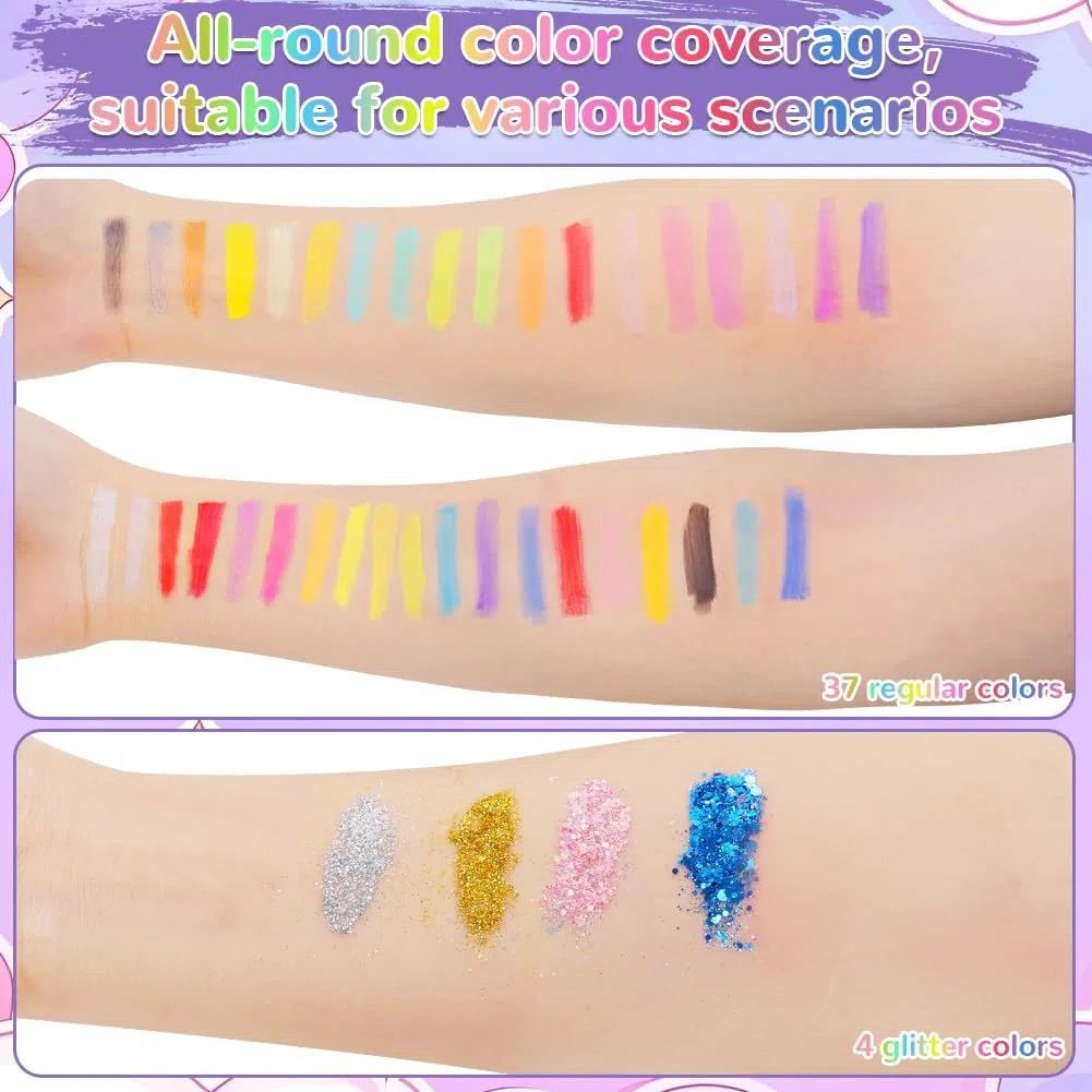 Truccabimbi Trucco per Bambini, 24 Colori Trucco Viso Bambini con 4 Pennelli, 40 Adesivo per Tatuaggi, 4 Stencil a Diamante, Body Painting per Halloween Carnevale Feste Natale