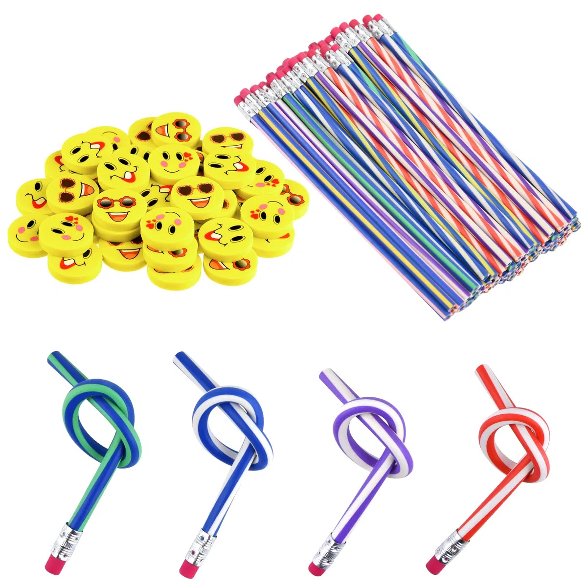 72 Pezzi Set di per riempire sacchetti regalo per feste, matite morbide e flessibili e gomme da cancellare, articoli di cancelleria divertenti per la scuola e per le feste.