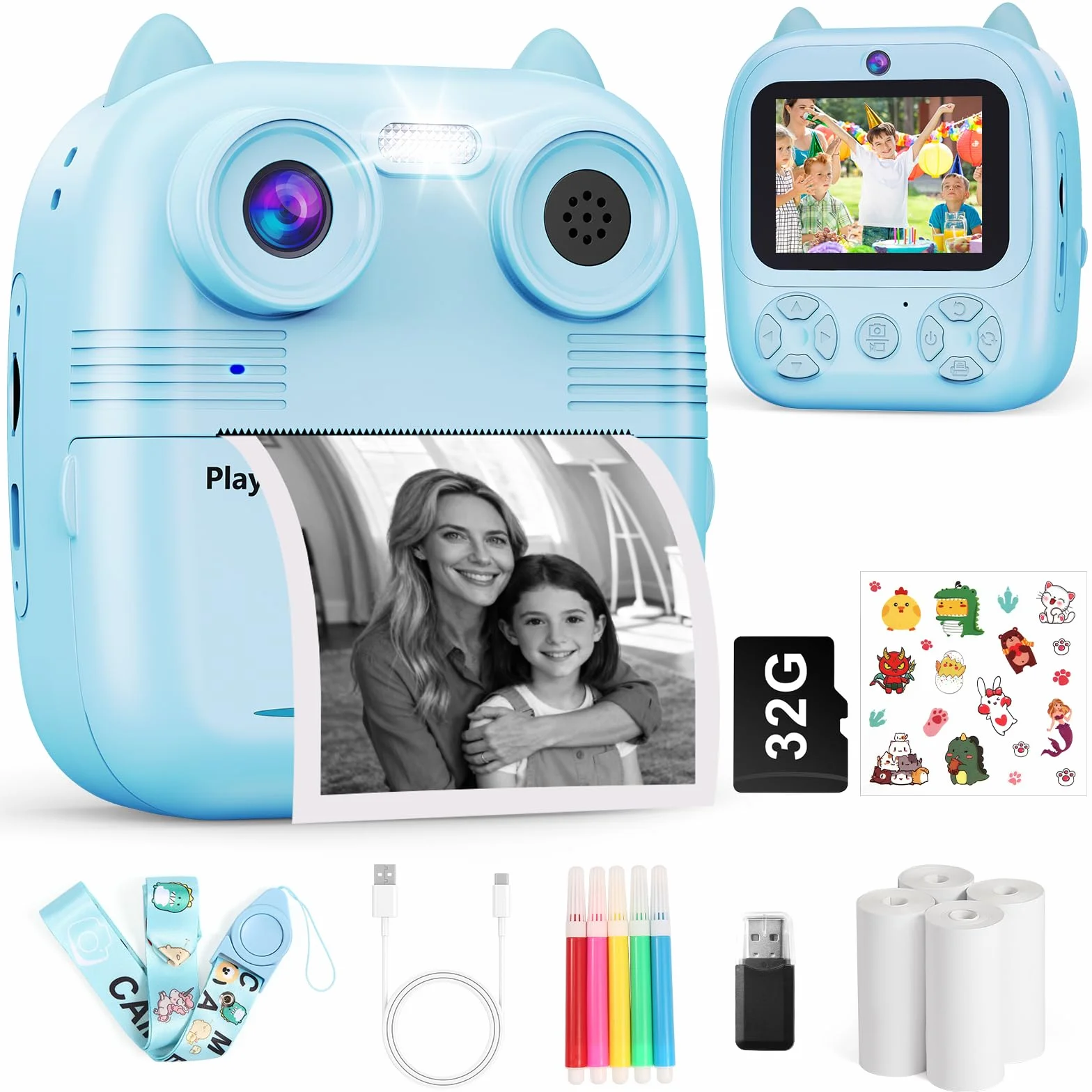 Macchina Fotografica Bambini Istantanea, 48MP e 1080FHD Dual-Camera Obiettivo Fotocamera Digitale con 4 Rulli di Carta da Stampa 2,4 Pollici IPS Schermo di Protezione Oculare 32GB Scheda (Blu)