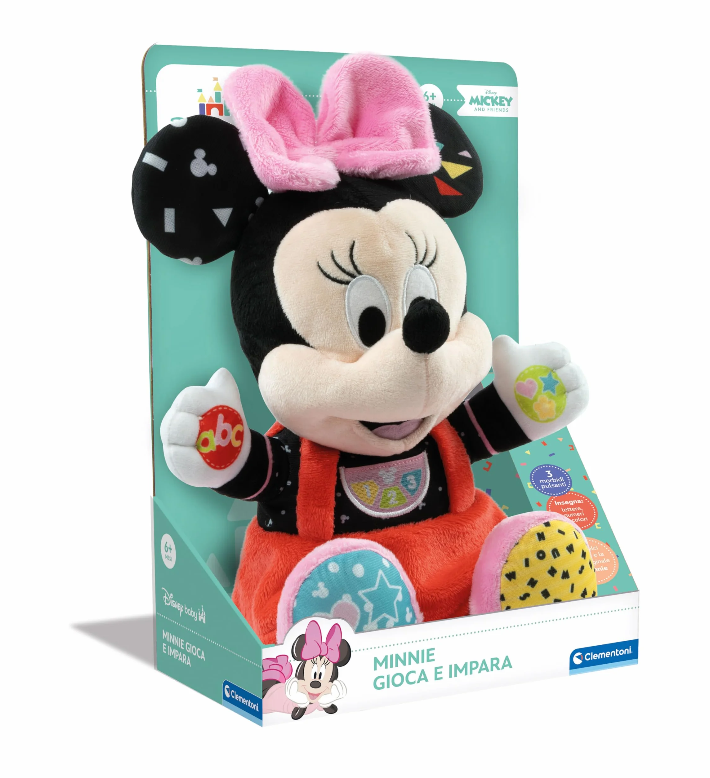 Clementoni Disney Baby Baby Minnie Gioca e Impara, Peluche e Gioco Educativo Interattivo per Bambini 6+ Mesi, Canta Filastrocche per Insegnare l'Alfabeto, Numeri e Colori, Lingua Italiana, 17304