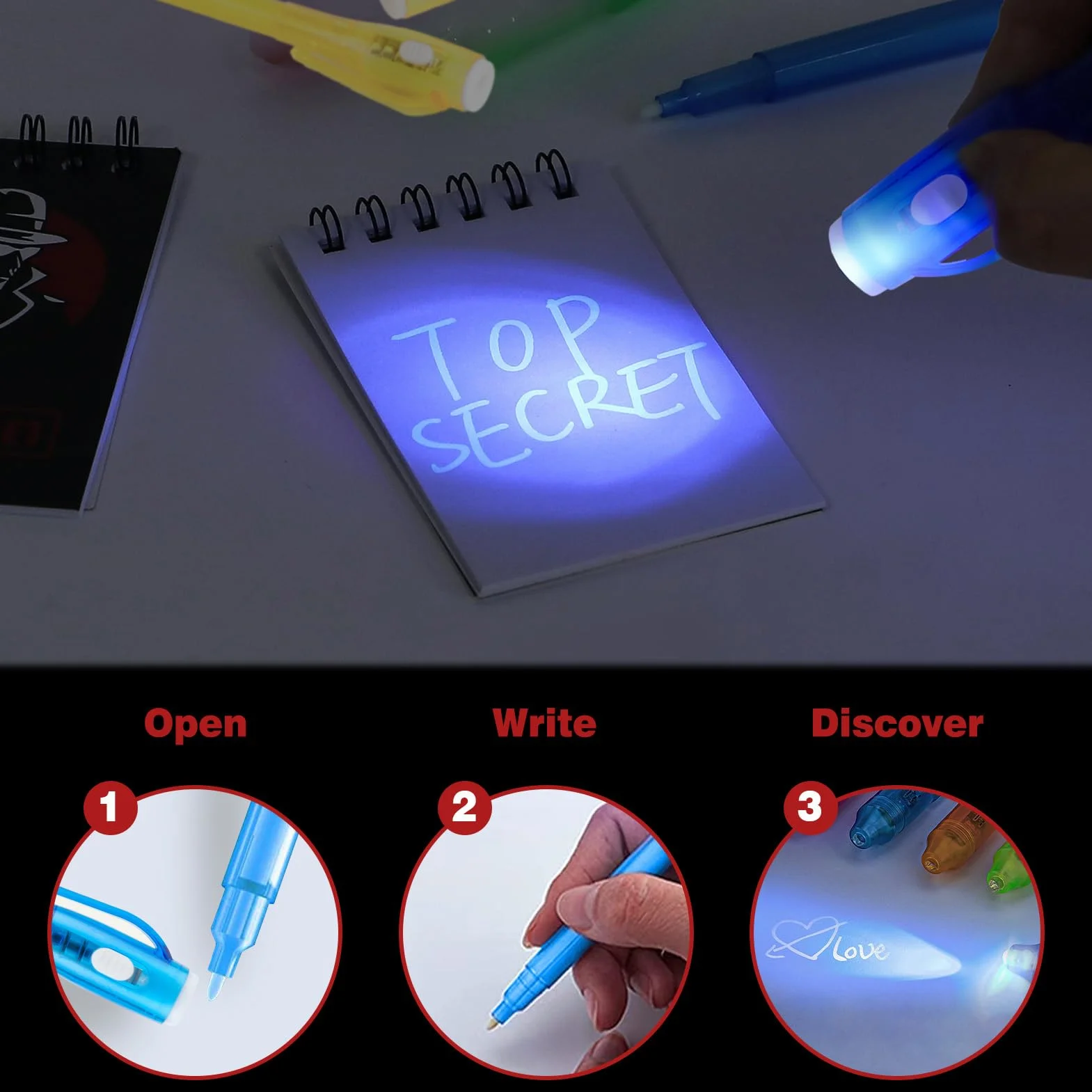Detective Gadget Compleanno Bambini con Penna invisibile e Taccuino, Carte D'identità Detective, Lente D'Ingrandimento,Tamponi per Impronte Digitali, Kit Spionaggio Gioco Detective per Bambini