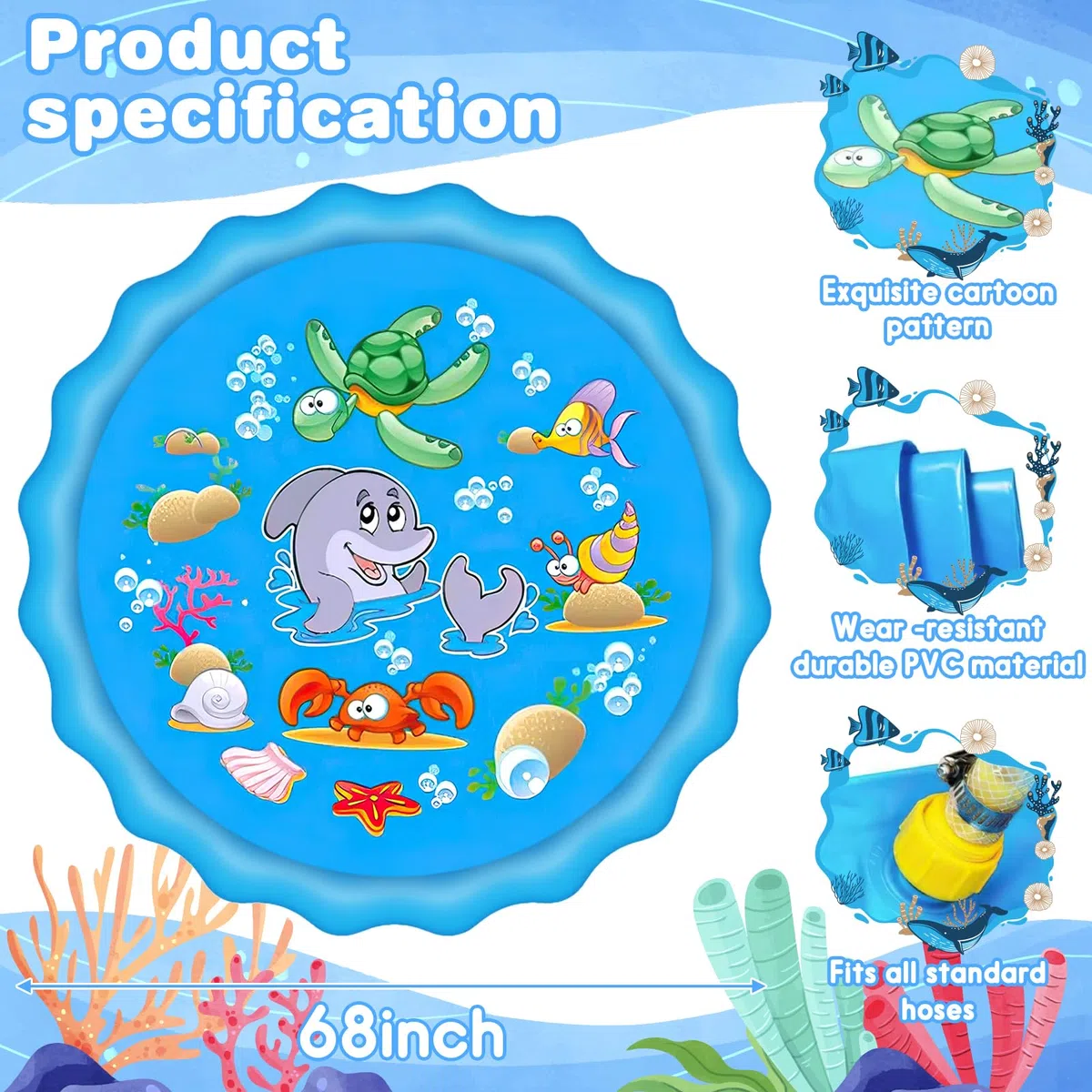 Purpledi Tappetino Gioco d'Acqua per Bambini, 170cm Splash Pad, Giocattoli Splash Play Mat Giochi all'Aperto Estate Giochi Acqua Giardino Piscina Gonfiabile Giocattoli Gonfiabili