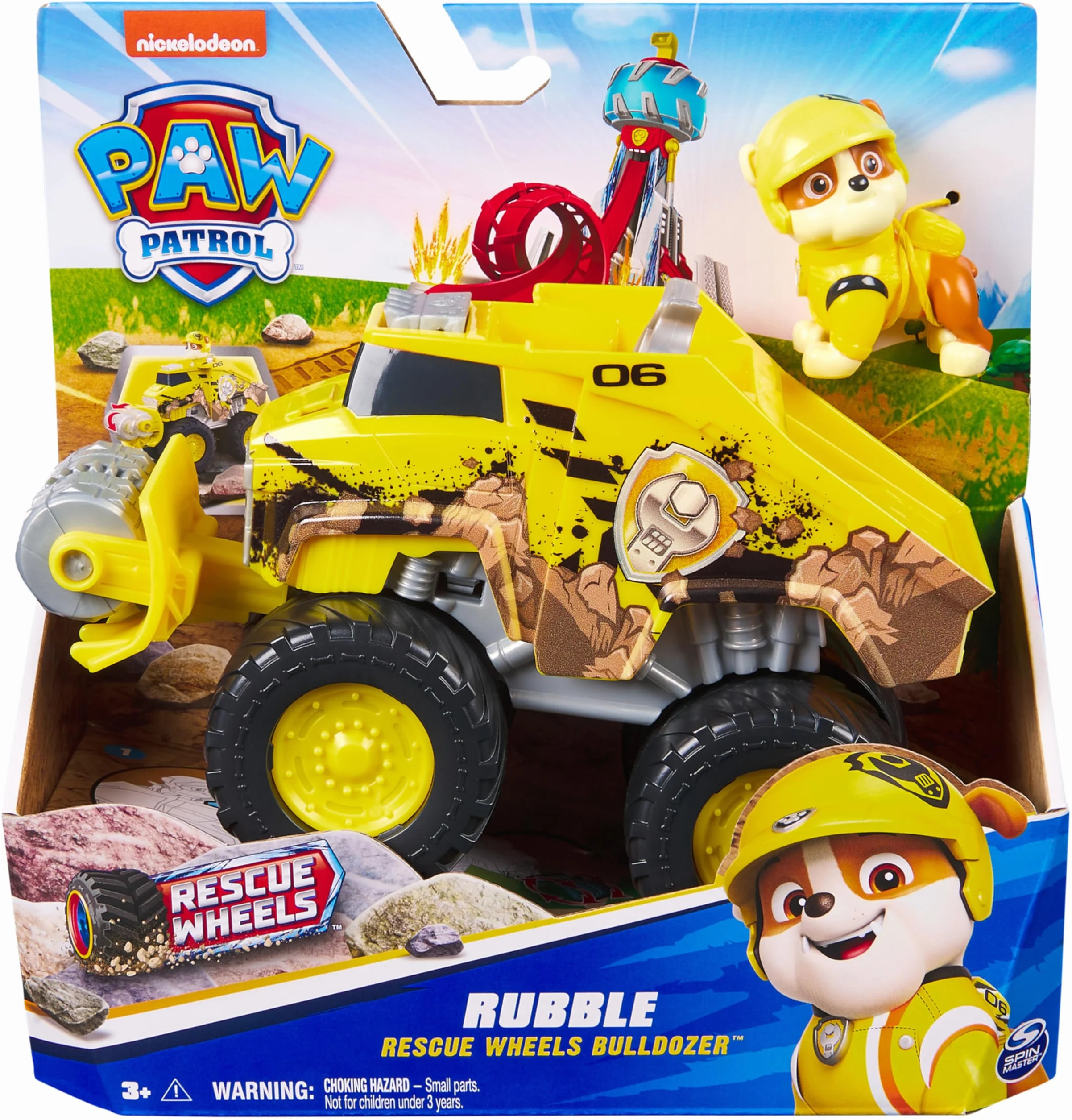 Paw Patrol: Rescue Wheels, Bulldozer di Rubble, Veicolo Giocattolo con Trasformazione e Personaggio Collezionabile, Giocattoli per Bambini e Bambine, 3+ Anni