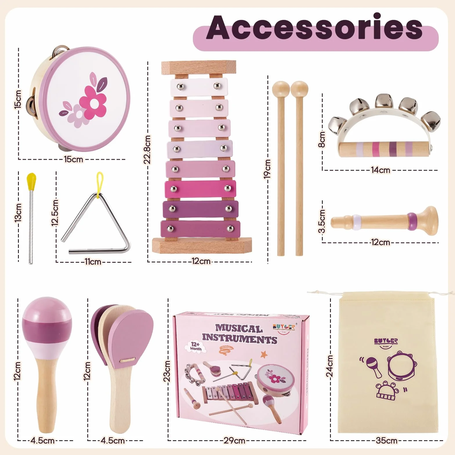 BUYGER Strumenti Musicali per Bambini con Xilofono Tamburi, Giocattolo Musicale Legno, Giochi Montessori 1 + Anno, Regalo per Bebe Bambini Bambina