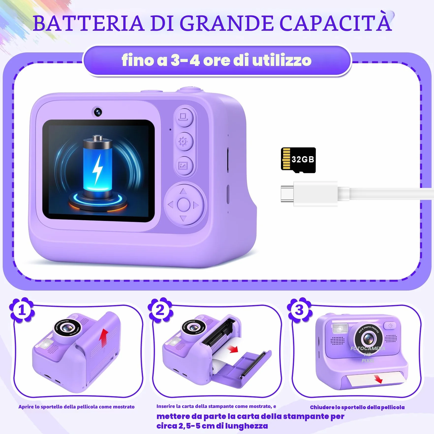 Subtail Fotocamera istantanea per bambini, 1080P, fotocamera istantanea per bambini, fotocamera digitale per selfie con 32 GB, giocattolo di compleanno a partire da 3-12 anni(Viola)