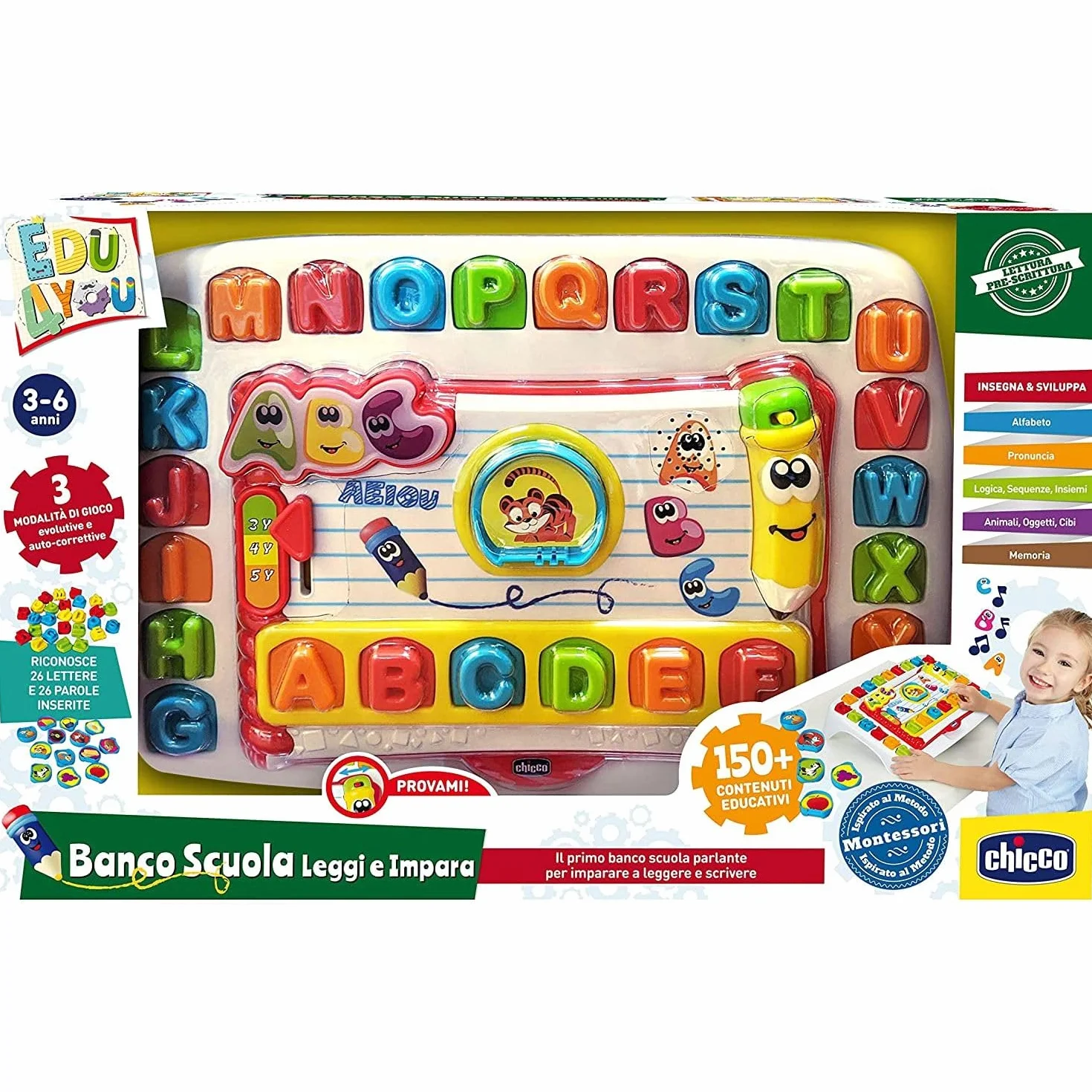 Chicco Banco Scuola Leggi e Impara Edu4You Bambini, Gioco Educativo Evolutivo Elettronico e Parlante per Imparare le Lettere dell'Alfabeto, Ispirato al Metodo Montessori, Giochi per Bambini 3-6 Anni