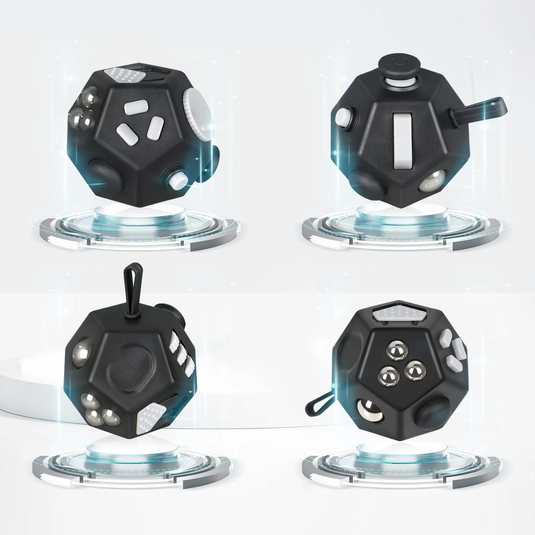 VCOSTORE Mini Fidget Cubo da stress a forma di cubo, 12 lati, per alleviare l'ansia, portatile, per bambini e adulti, con ADHD ADD OCD autismo (nero)