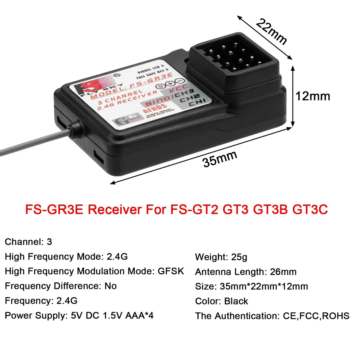 LiteBee Flysky FS-GR3E 3CH RC Ricevitore (2.4Ghz, AFHDS), per trasmittente FS-GT2 GT3 GT3B GT3C GR3C RC Car Boat