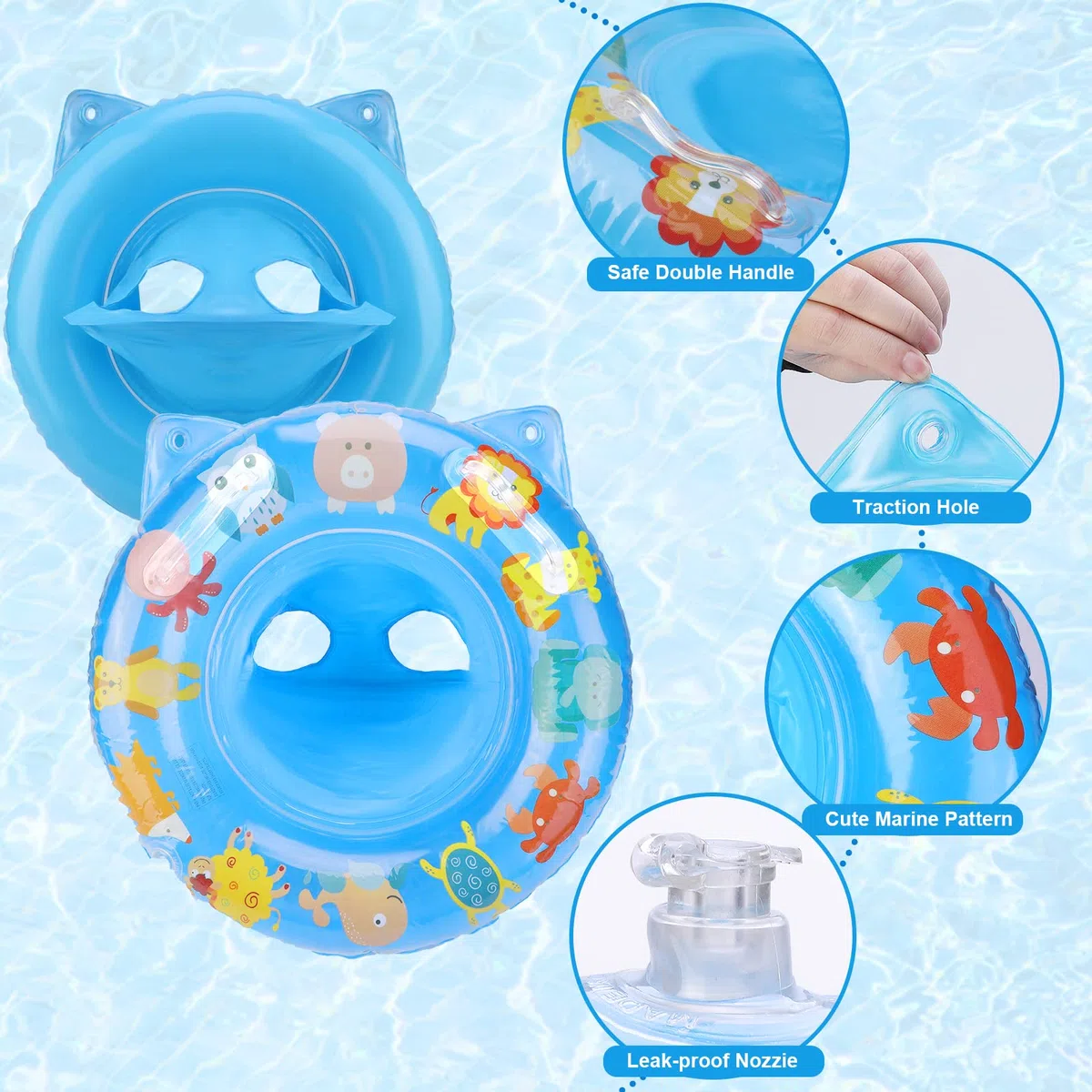 Anello di Nuoto del Fumetto, Salvagente Neonato Galleggiante Gonfiabile del Bambino Dell'anello di Nuoto del Bambino Baby Float Salvagente con Seggiolino and Gonfiatore Bambini Piscina Giocattolo,Blu