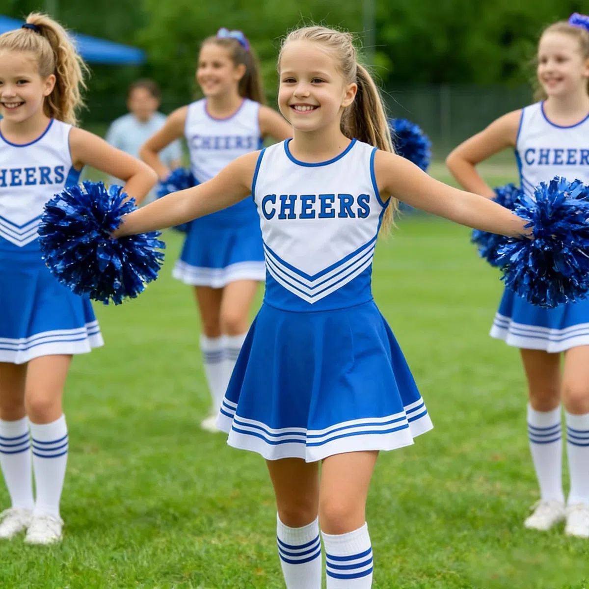 Cheerleader Costume Bambina, Vestito Cheerleader Bambina Ragazza Divise Abito, Bambini Cheerleading Outfit con Pompon Calcetines y 2 Adesivi, Carnevale Halloween Cosplay