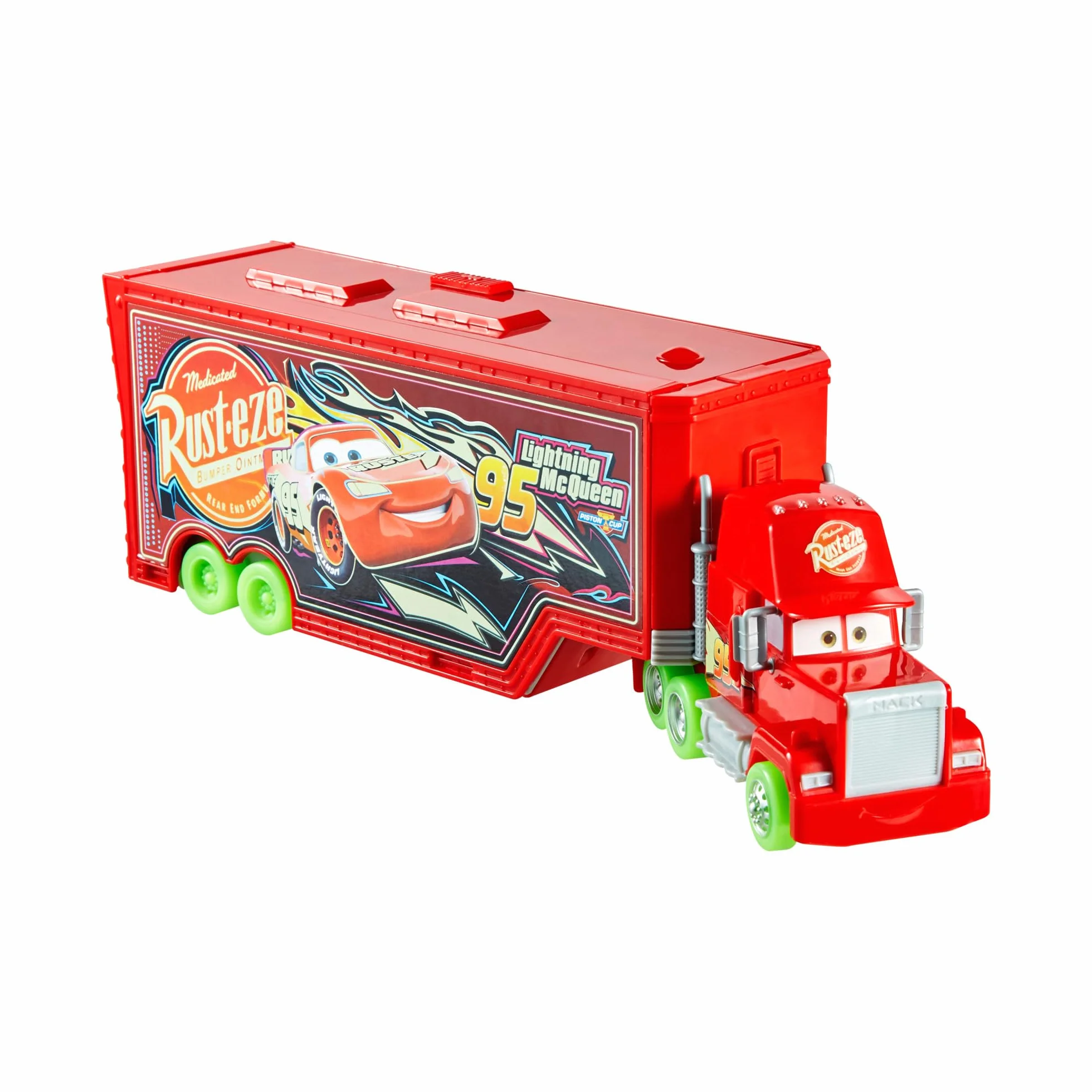 Mattel Disney Pixar Cars Auto Luminose Mack Trasformabile, playset con truck giocattolo fluorescente 2 in 1 e officina per la messa a punto con lanciatore, ponte sollevatore e molto altro, HPX76