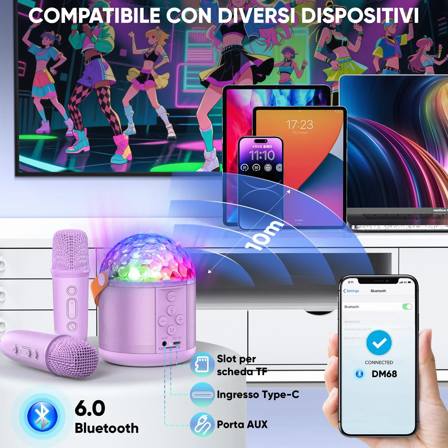 Karaoke per Bambini e Adulti con Luci Discoteca Bluetooth Cassa Microfono Giocattolo Musicale per Feste Regali Natale