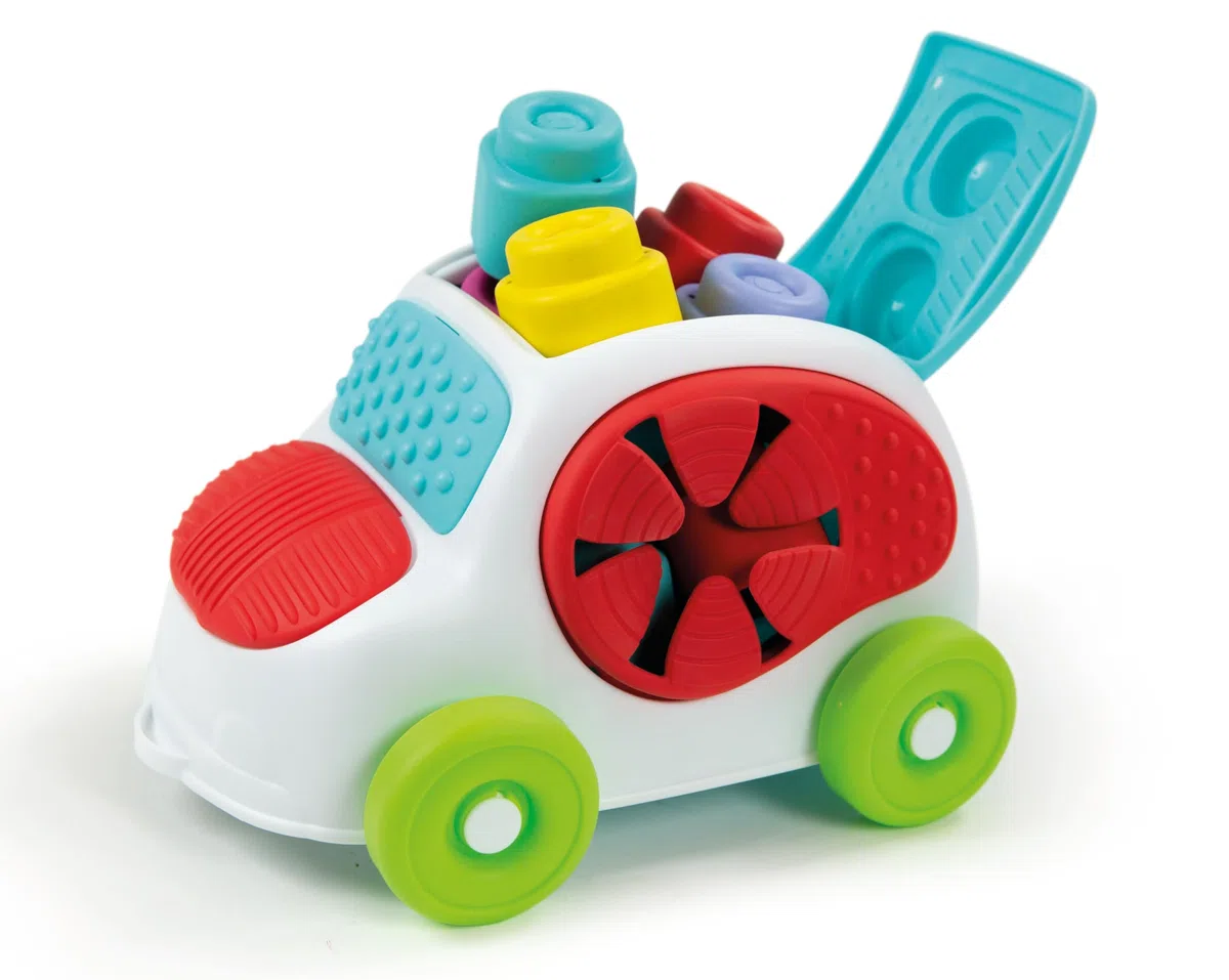 Clementoni Soft Clemmy - Touch, Move And Play Sensory Car, Bambini 6-36 Mesi, Macchinina Raccoglitore 8 Mattoncini, Gioco Prima Infanzia, Sviluppa Manualità e Percezione Tattile, Made in Italy, 17315