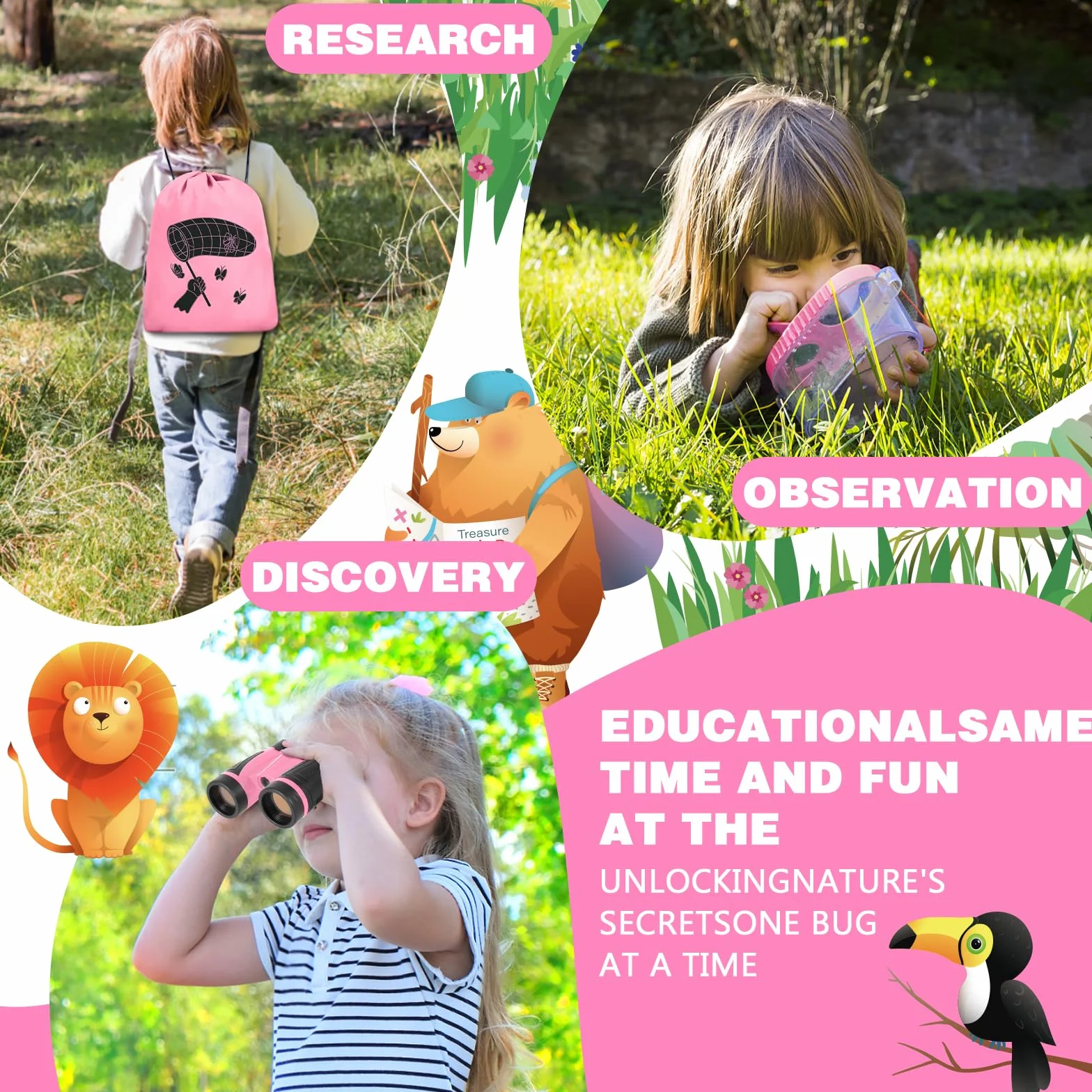 23 PCS Kit Esploratore Bambini, Set di Esplorazione per Bambini, Set Explorer Outdoor Giocattoli, con Binocolo, Cappello, Gilet, per età 3+, Anni, Kit di esplorazione Regalo (Rosa)
