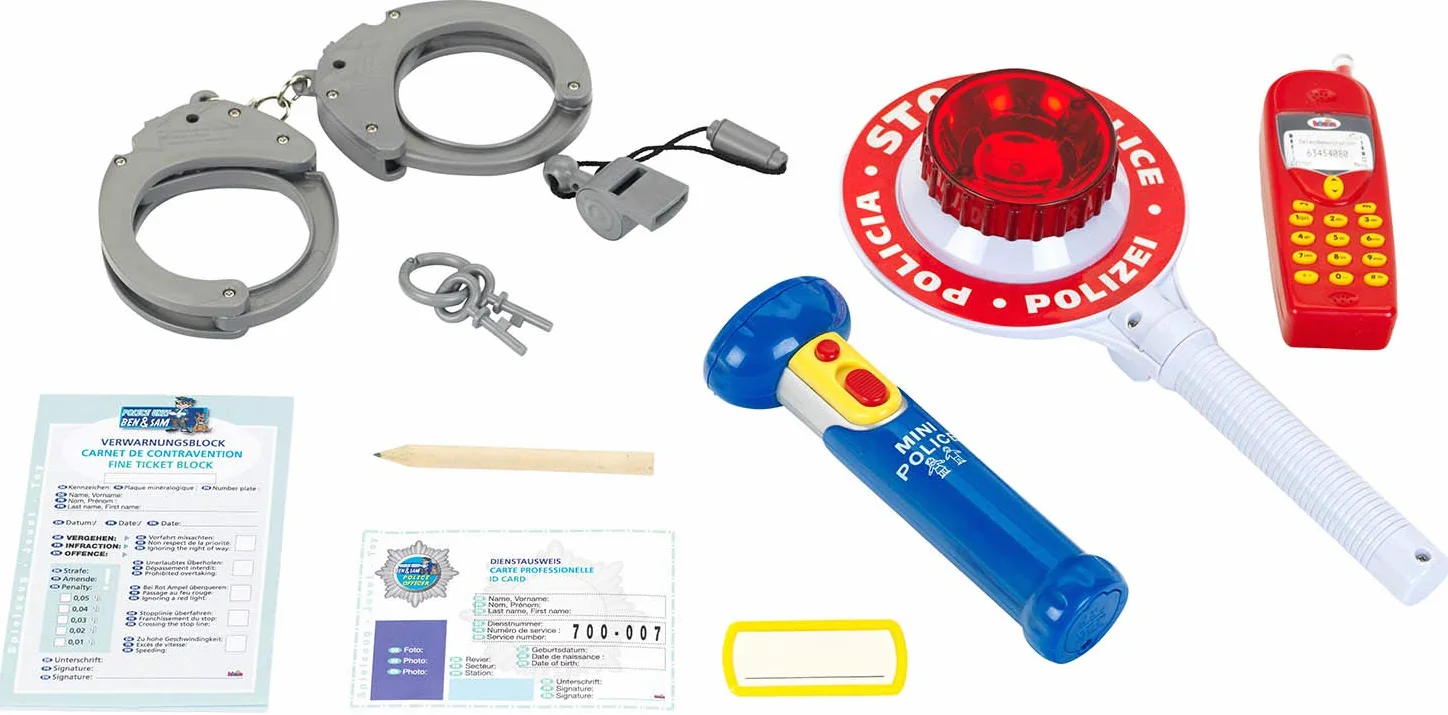 Theo Klein 8850 Set della polizia, Il set Police Unit Ben & Sam è composto da 10 pezzi, Include una torcia tascabile e una paletta della polizia con luce alimentati a batterie, Dimensioni della confezione: 40 cm x 32 cm x 4,5, Giocattolo per bambini a par