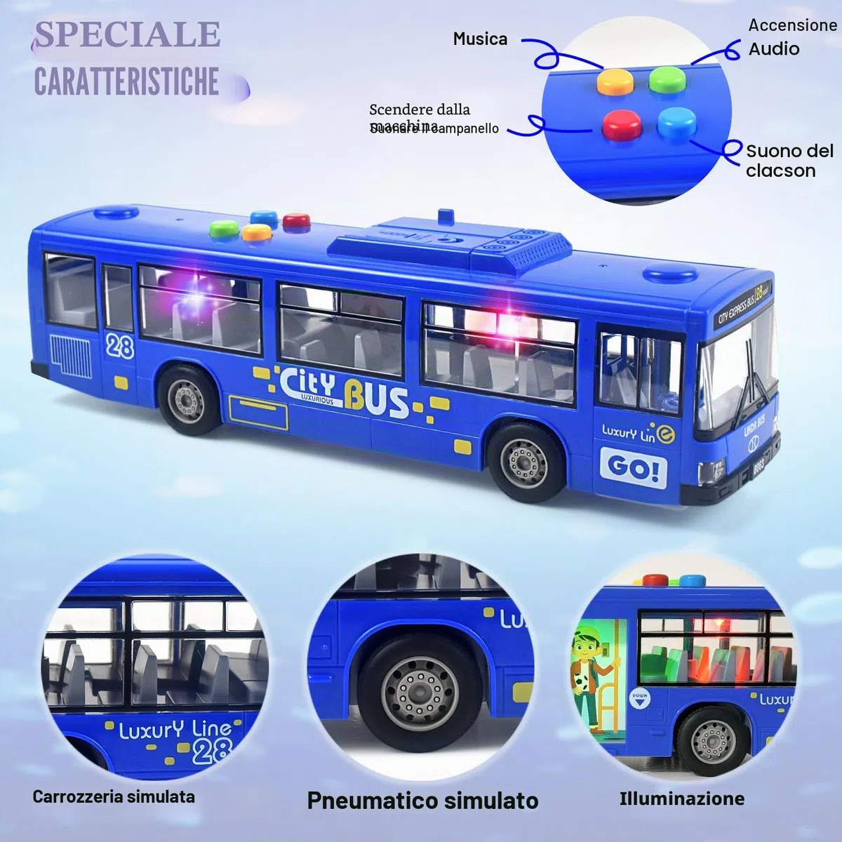 Giocattolo a forma di autobus per ragazzi e ragazze, con luci e suoni, pneumatici realistici, porte funzionali simulate, movimento ad attrito, blu